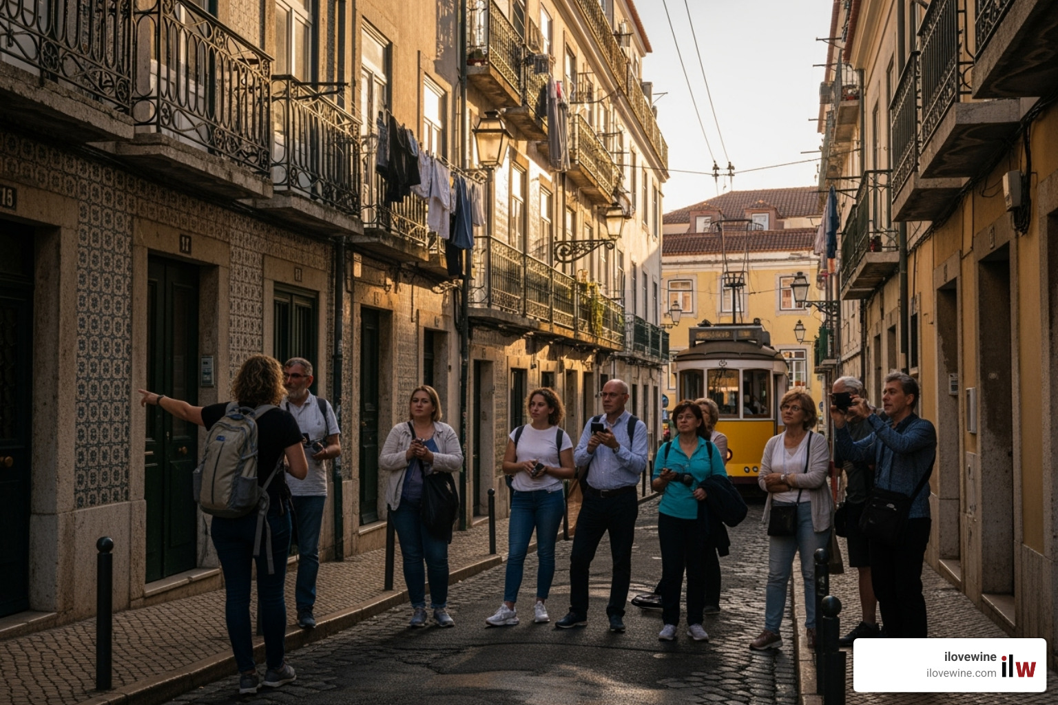 People enjoying a walking tour through a historic, narrow street in Lisbon's Alfama district, with traditional buildings and laundry hanging from balconies - Portugal summer tours People enjoying a walking tour through a historic, narrow street in Lisbon's Alfama district, with traditional buildings and laundry hanging from balconies - Portugal summer tours