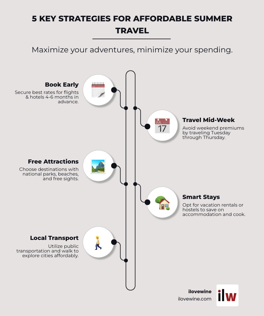 Infographic showing 5 key strategies for affordable summer travel: 1) Book flights and hotels 4-6 months in advance for best rates, 2) Travel Tuesday through Thursday to avoid weekend premiums, 3) Choose destinations with abundant free attractions like national parks and beaches, 4) Stay in vacation rentals or hostels to save on accommodation and cook your own meals, 5) Use public transportation and walk to explore cities affordably - Affordable summer trips infographic infographic-line-5-steps-neat_beige Infographic showing 5 key strategies for affordable summer travel: 1) Book flights and hotels 4-6 months in advance for best rates, 2) Travel Tuesday through Thursday to avoid weekend premiums, 3) Choose destinations with abundant free attractions like national parks and beaches, 4) Stay in vacation rentals or hostels to save on accommodation and cook your own meals, 5) Use public transportation and walk to explore cities affordably - Affordable summer trips infographic infographic-line-5-steps-neat_beige