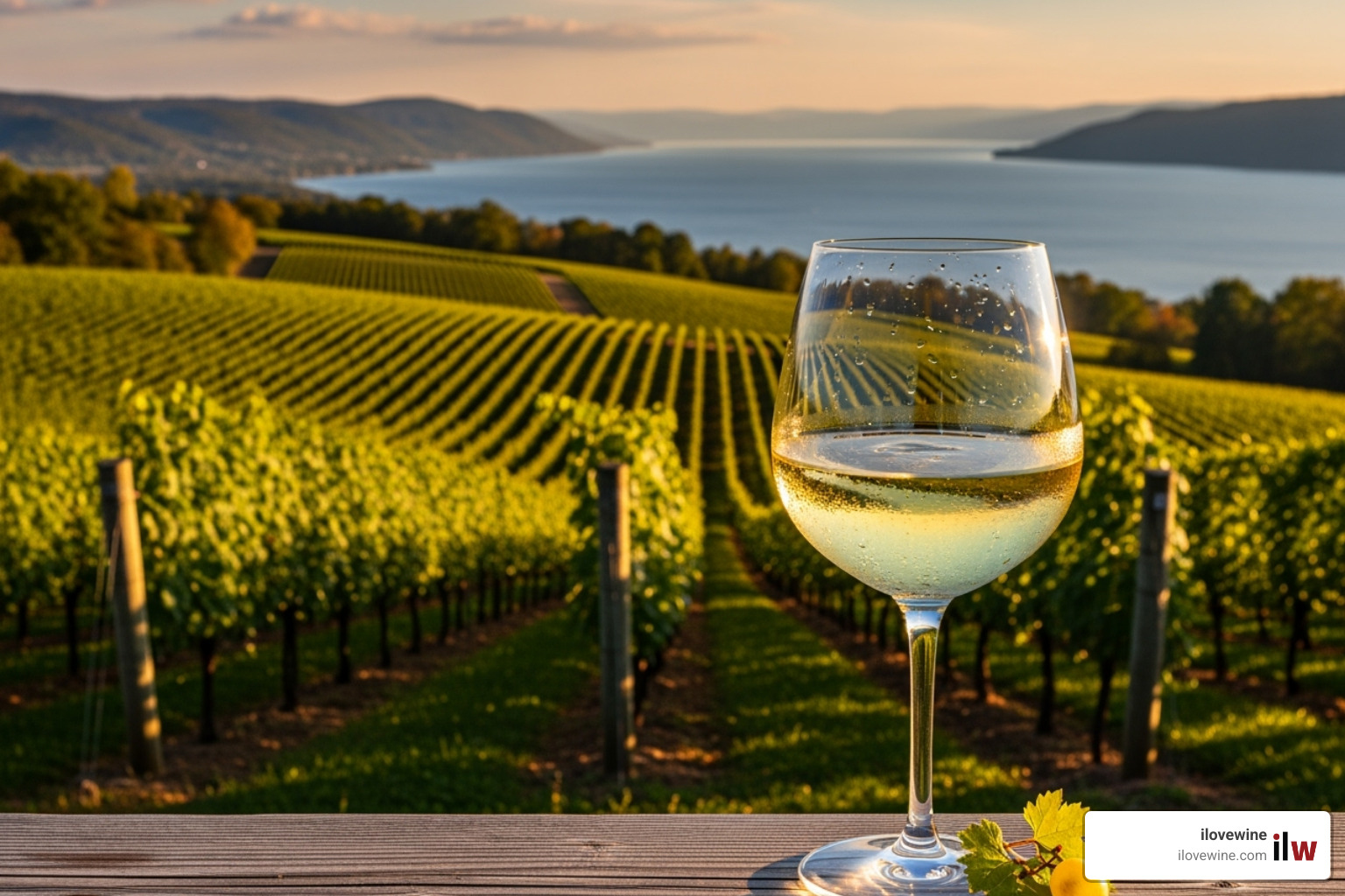 Vineyard in the Finger Lakes region with a glass of white wine - Best places summer