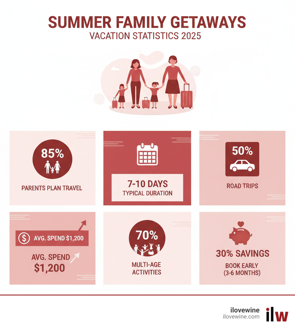 Infographic showing family vacation statistics: 85% of parents plan summer travel, average spend of $1,200 per family, 7-10 day typical duration, 70% prioritize multi-age activities, 50% choose road trips, and 30% savings when booking 3-6 months ahead - Family summer vacations infographic 