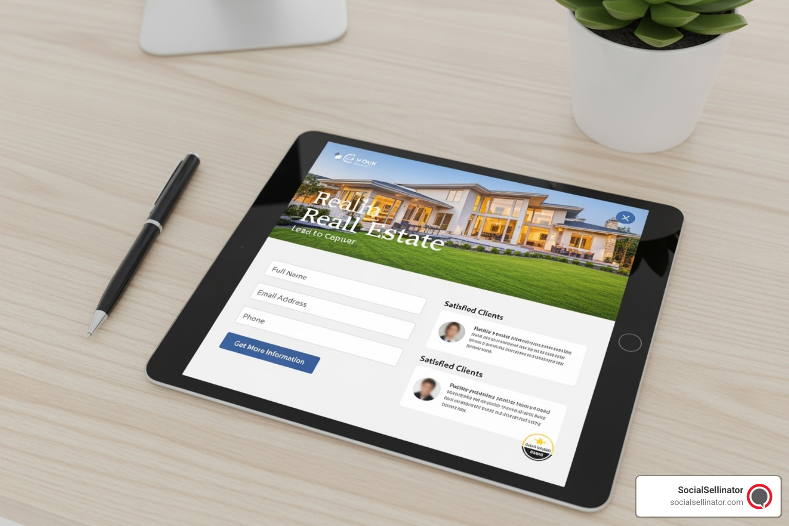A tablet screen showing an optimized real estate landing page with stunning property images, a concise lead capture form, and clear trust signals like testimonials. - how to optimize a ppc campaign for real estate