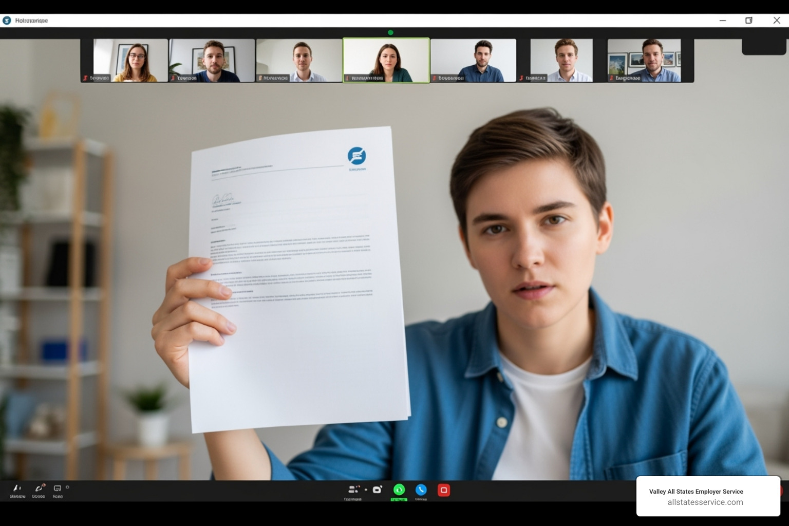 An employee participating in a remote video call for Form I-9 document verification - employment eligibility verification An employee participating in a remote video call for Form I-9 document verification - employment eligibility verification