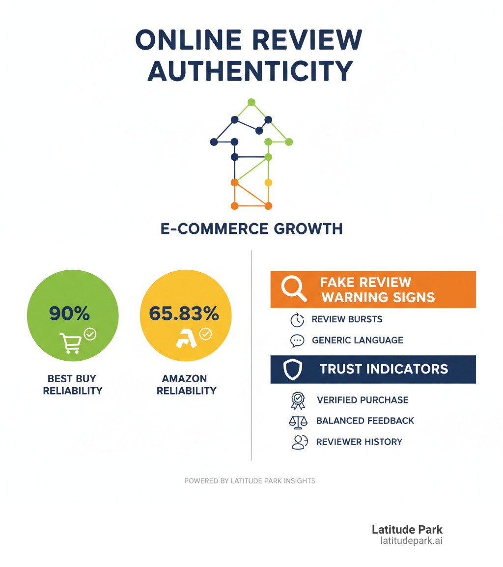 Infographic showing e-commerce growth statistics: 65.83% Amazon review reliability, 90% Best Buy reliability, key fake review warning signs including review bursts and generic language, and verified purchase trust indicators - online retailer reviews infographic 