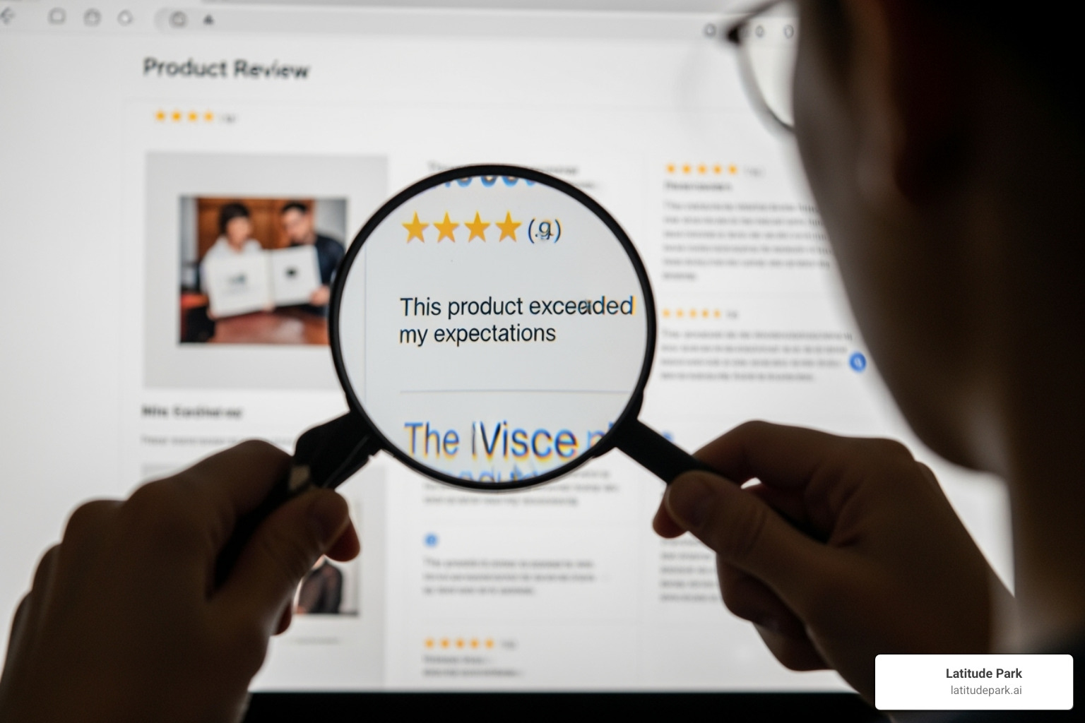 magnifying glass over a computer screen showing an online review - online retailer reviews