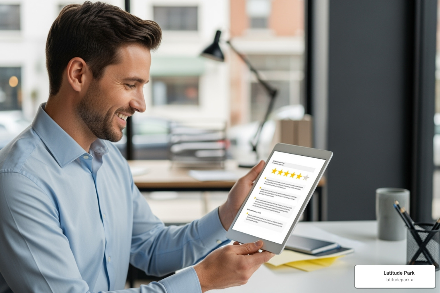 business owner looking at positive reviews on a tablet - online retailer reviews