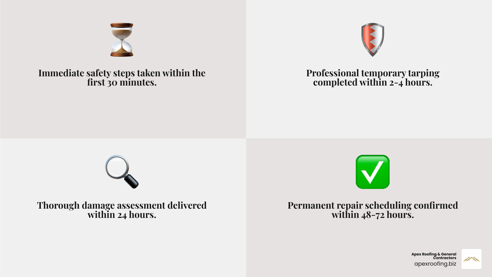 Infographic showing emergency roof repair timeline: immediate safety steps within first 30 minutes, professional tarping within 2-4 hours, full assessment within 24 hours, and permanent repairs scheduled within 48-72 hours - Emergency roof repair Leon Valley infographic 4_facts_emoji_grey Infographic showing emergency roof repair timeline: immediate safety steps within first 30 minutes, professional tarping within 2-4 hours, full assessment within 24 hours, and permanent repairs scheduled within 48-72 hours - Emergency roof repair Leon Valley infographic 4_facts_emoji_grey