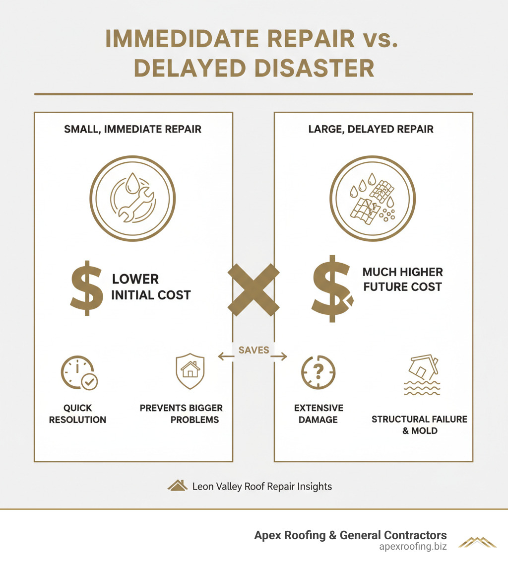 Infographic comparing the cost of a small, immediate repair vs. a large, delayed repair - Emergency roof repair Leon Valley infographic Infographic comparing the cost of a small, immediate repair vs. a large, delayed repair - Emergency roof repair Leon Valley infographic