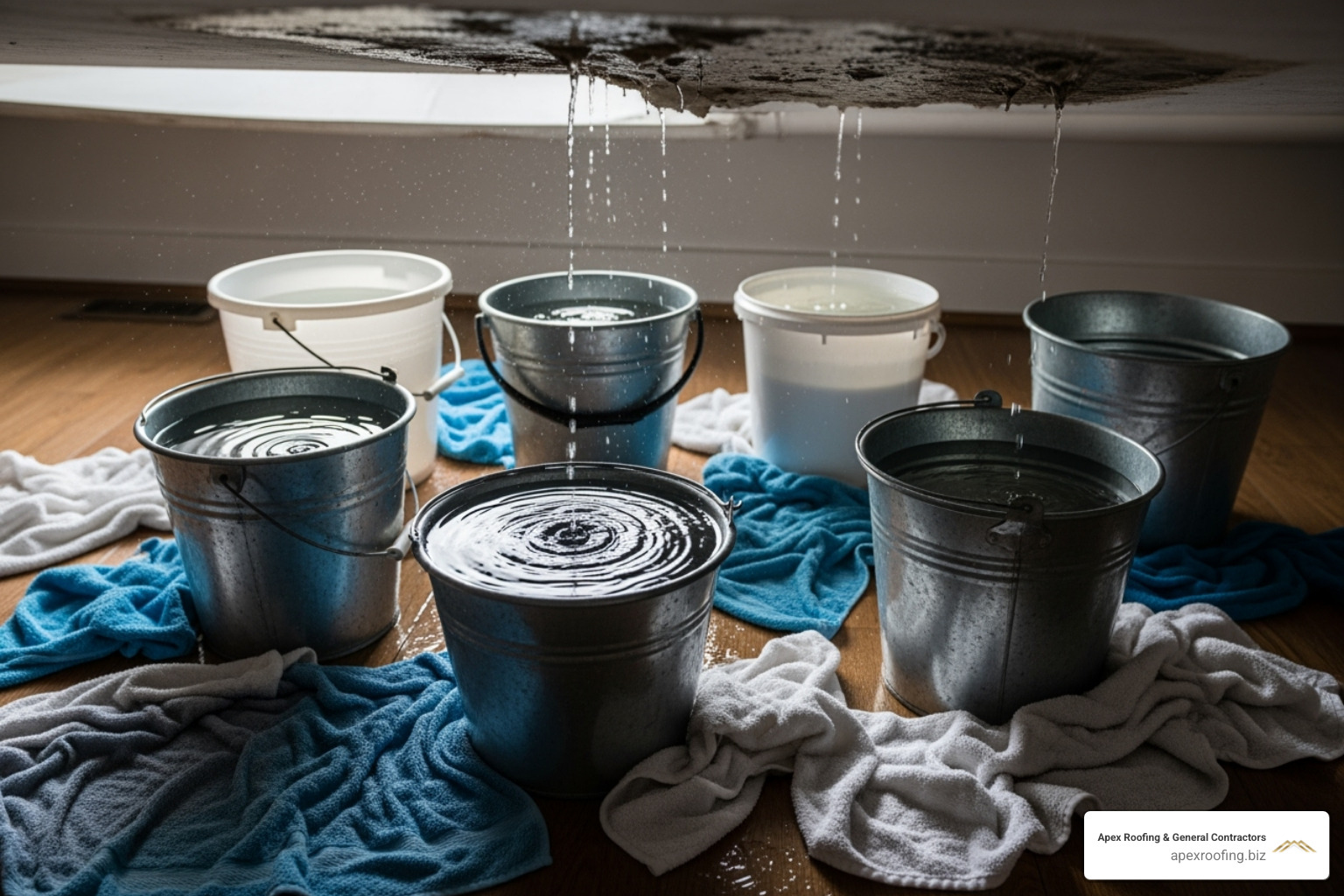 Buckets collecting water from a ceiling leak - Emergency roof repair Leon Valley Buckets collecting water from a ceiling leak - Emergency roof repair Leon Valley