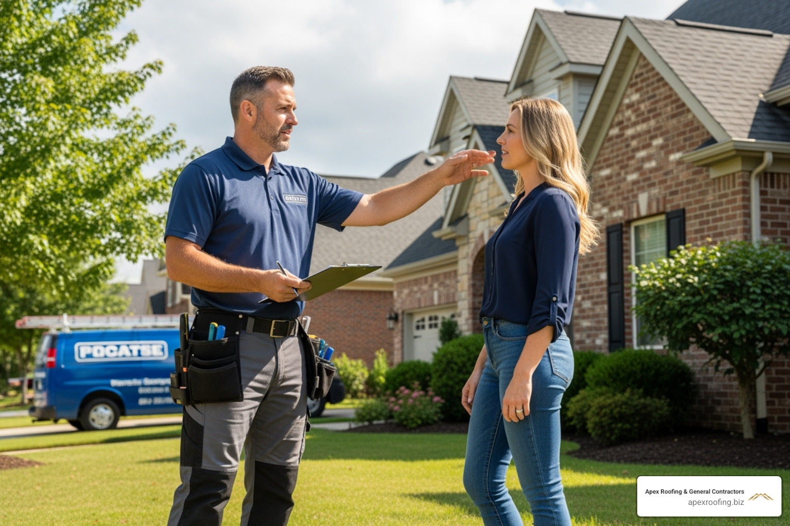 Friendly, professional roofer talking with a homeowner - Emergency roof repair Leon Valley Friendly, professional roofer talking with a homeowner - Emergency roof repair Leon Valley