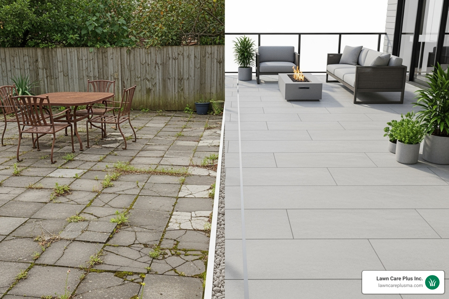 Weathered patio next to a pristine new patio to illustrate lifespan differences - patio builder