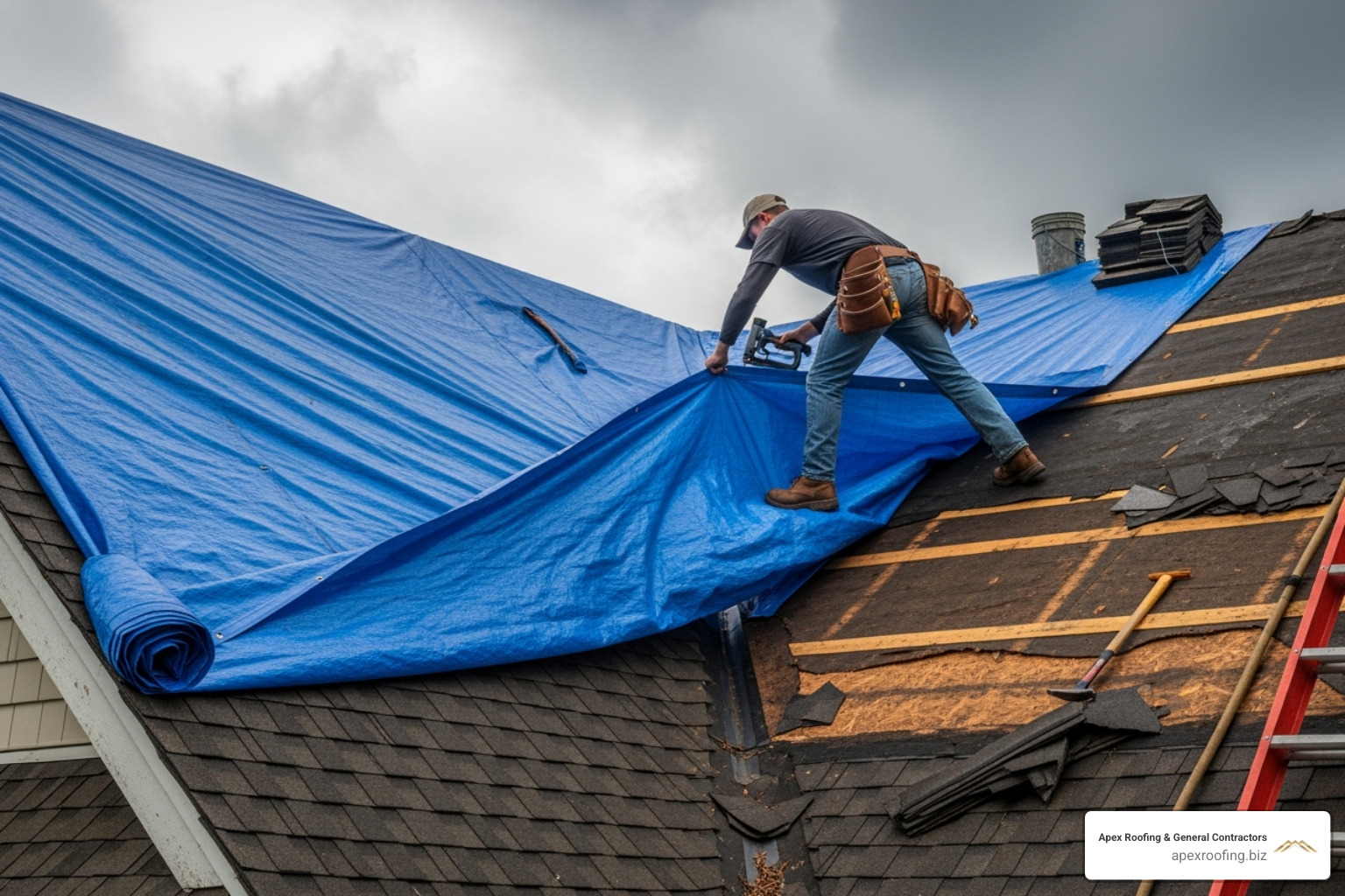 Roofer applying an emergency tarp to a damaged roof - Emergency roof repair Leon Valley Roofer applying an emergency tarp to a damaged roof - Emergency roof repair Leon Valley