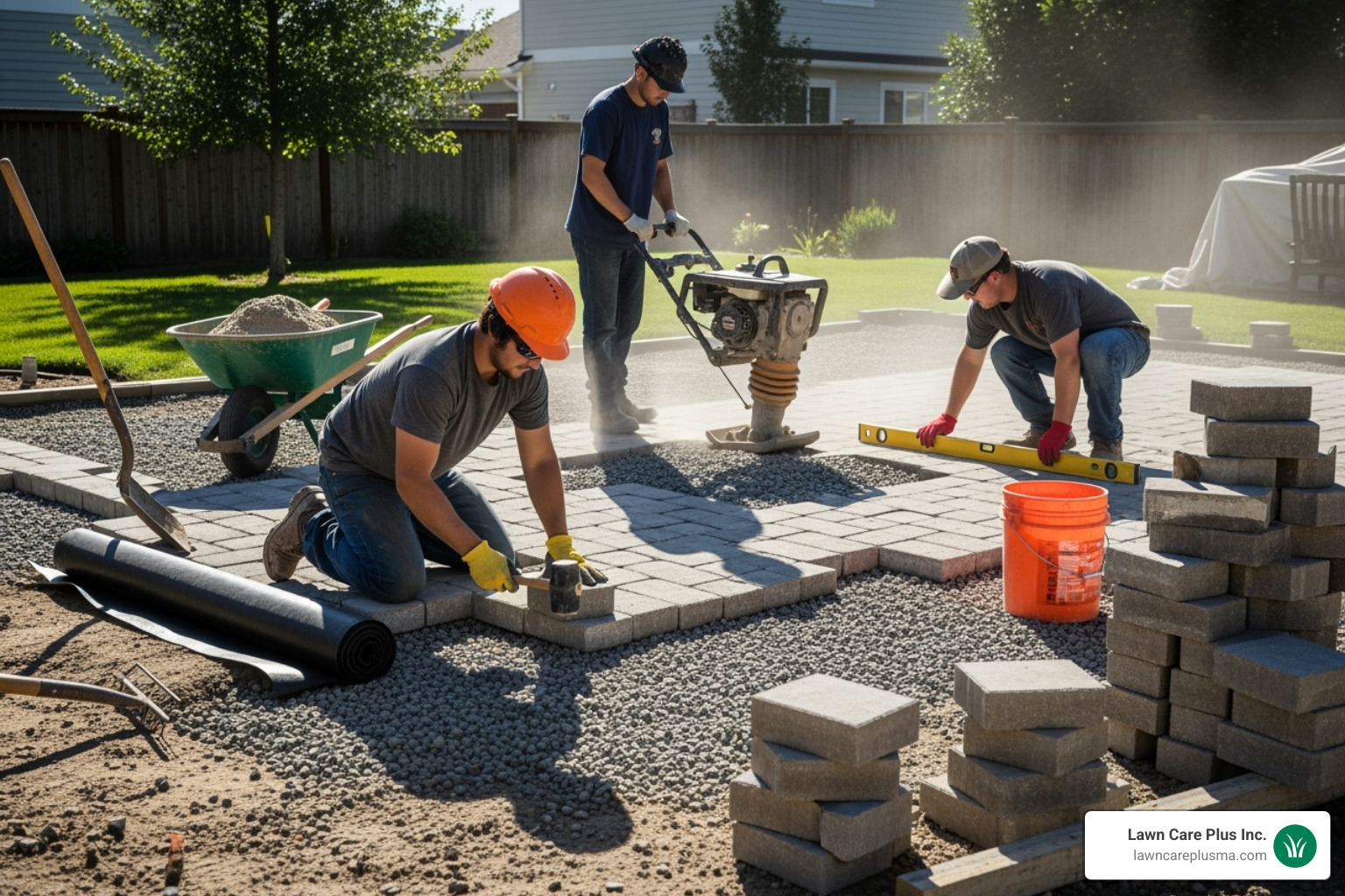 Construction team working on a patio foundation - patio builder
