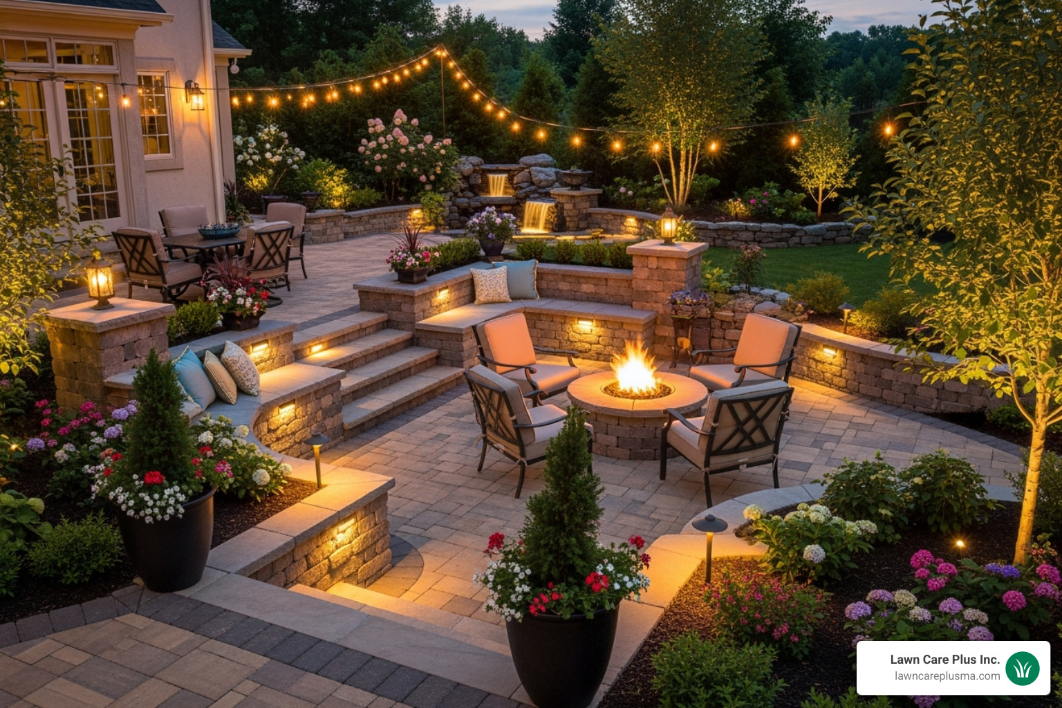 Multi-level patio with built-in seating and lighting - patio builder