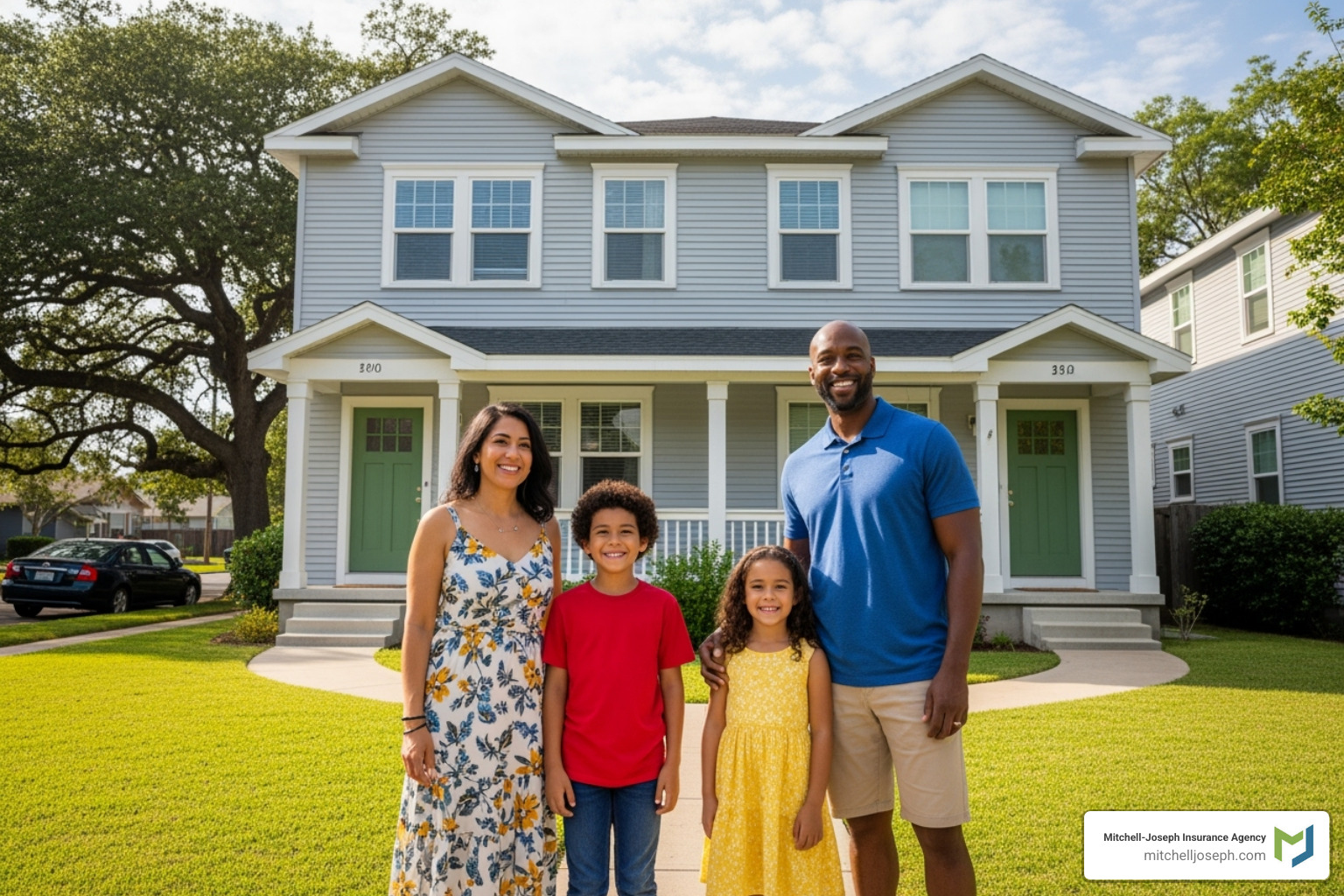 Family proudly standing in front of their multi-unit home - owner occupied landlord insurance