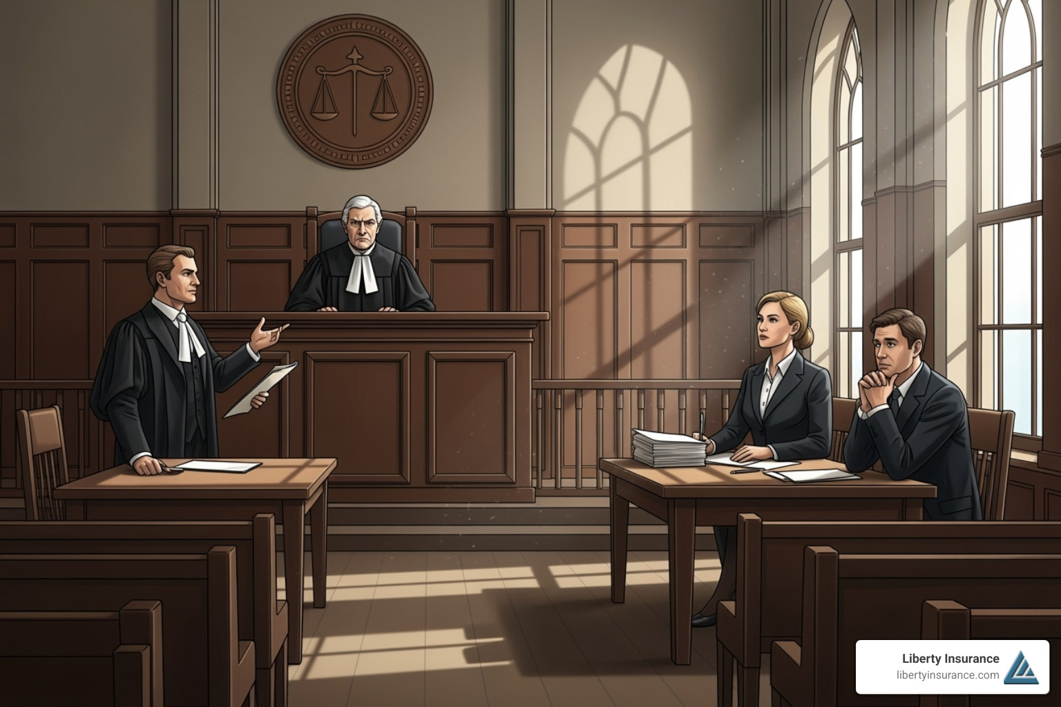 Illustration of a legal dispute with a judge and two parties - Surety Bonds New Jersey Illustration of a legal dispute with a judge and two parties - Surety Bonds New Jersey