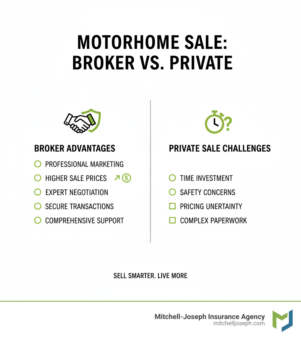Infographic comparing motorhome broker services versus private sale, showing broker advantages including professional marketing, higher sale prices, expert negotiation, secure transactions, and comprehensive support versus private sale challenges like time investment, safety concerns, pricing uncertainty, and handling complex paperwork - motorhome brokers near me infographic Infographic comparing motorhome broker services versus private sale, showing broker advantages including professional marketing, higher sale prices, expert negotiation, secure transactions, and comprehensive support versus private sale challenges like time investment, safety concerns, pricing uncertainty, and handling complex paperwork - motorhome brokers near me infographic