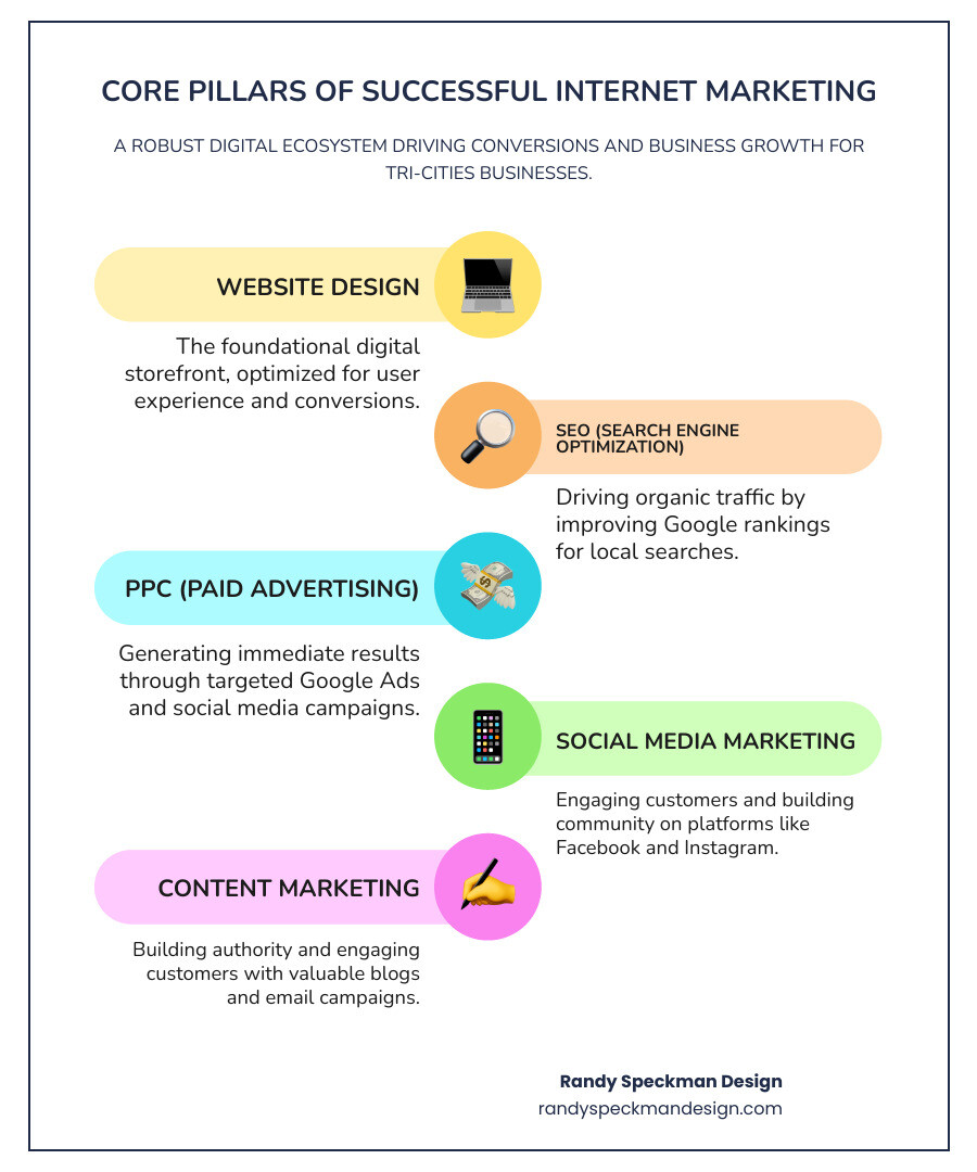 Infographic showing the five core pillars of successful internet marketing: Website Design as the foundation, with SEO for organic traffic, PPC for immediate results, Social Media for engagement, and Content Marketing for authority building, all working together to drive conversions and business growth - internet marketing tri-cities infographic infographic-line-5-steps-colors Infographic showing the five core pillars of successful internet marketing: Website Design as the foundation, with SEO for organic traffic, PPC for immediate results, Social Media for engagement, and Content Marketing for authority building, all working together to drive conversions and business growth - internet marketing tri-cities infographic infographic-line-5-steps-colors