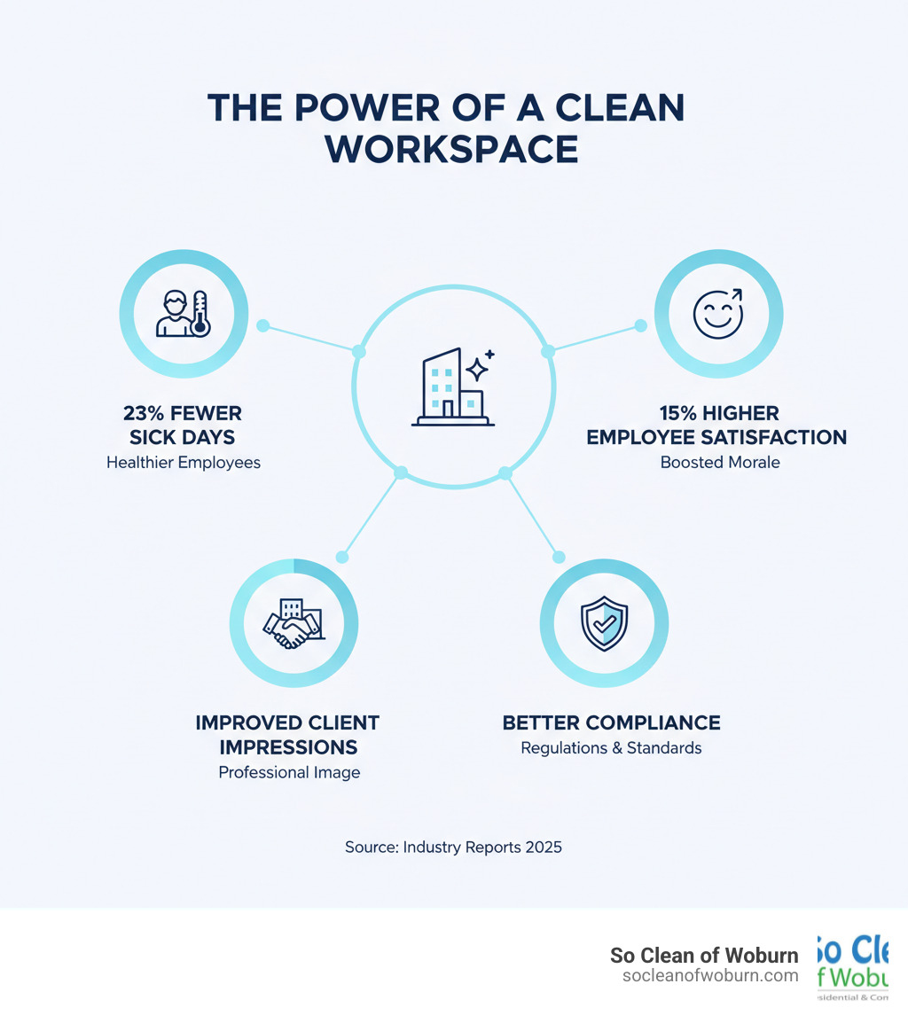Infographic showing the connection between office cleanliness and business outcomes: clean offices lead to 23% fewer sick days, 15% higher employee satisfaction, improved client impressions, and better compliance with health regulations - Billerica MA office cleaning infographic 