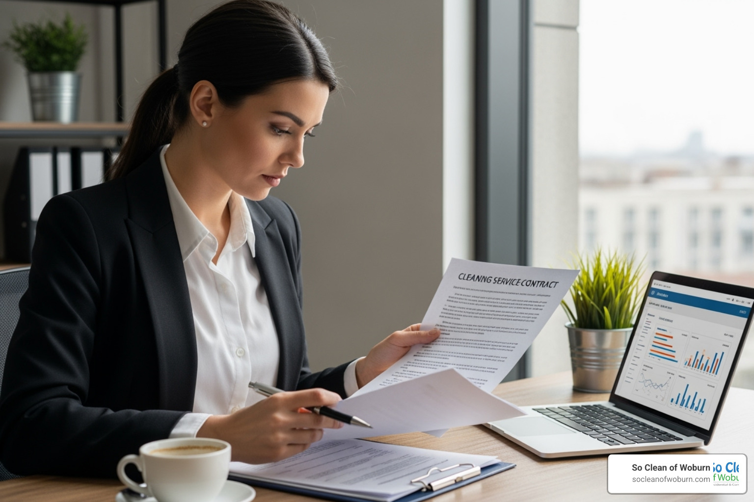business owner reviewing a cleaning service contract - Billerica MA office cleaning