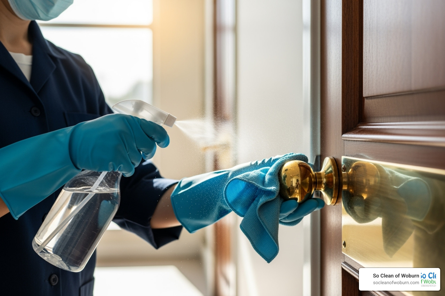 cleaning professional sanitizing a high-touch surface like a doorknob - Billerica MA office cleaning