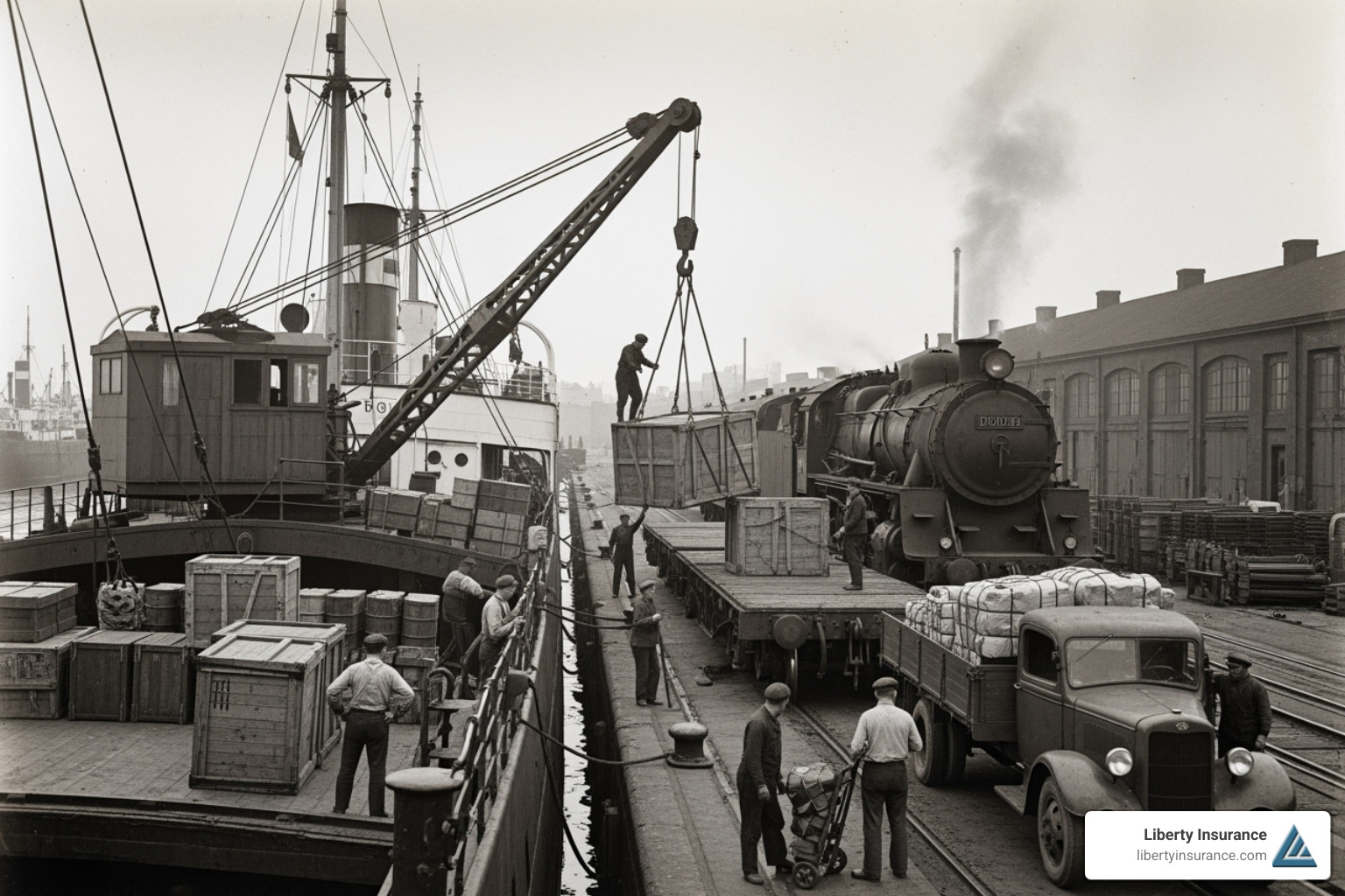 Vintage photograph showing goods being loaded from a ship onto a train or truck. - what is inland marine insurance examples