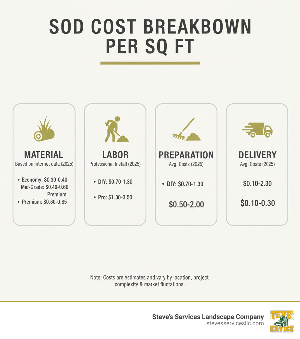 Infographic showing sod cost breakdown with four main categories: Material, Labor, Preparation, and Delivery, and their respective cost ranges. - how much is sod per sq ft infographic 
