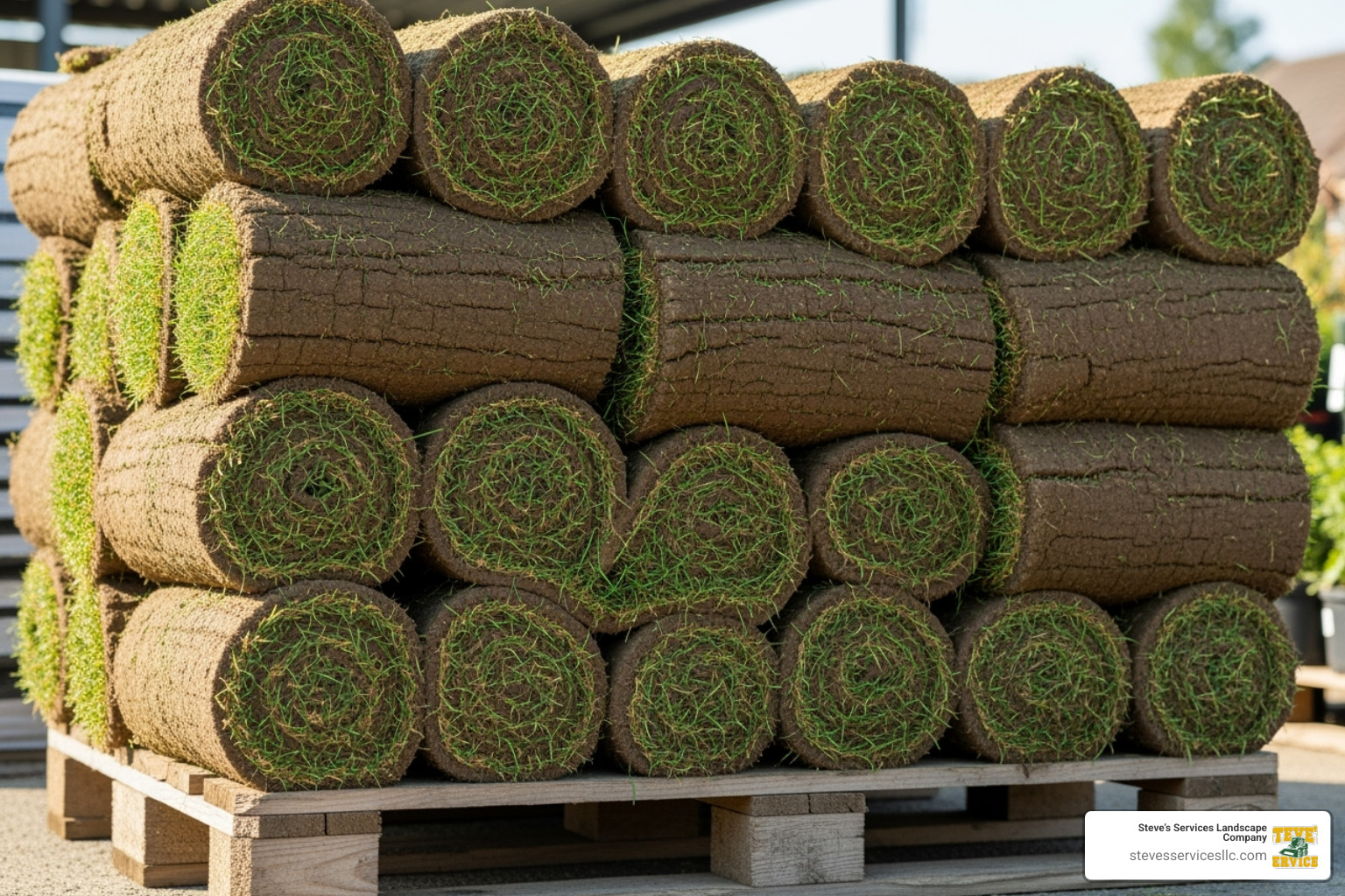 Sod rolls stacked on a pallet - how much is sod per sq ft