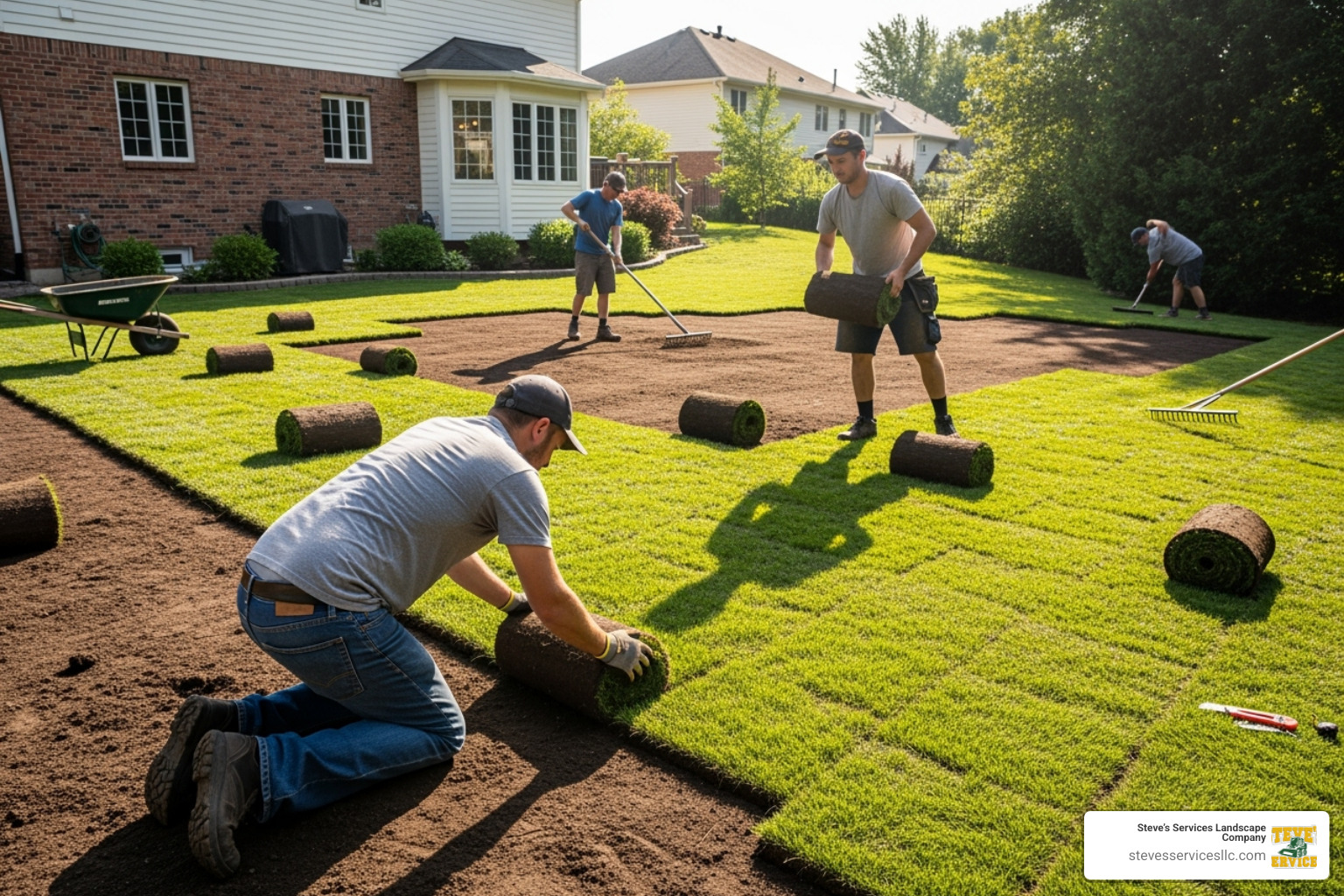 Yard being resodded with new green sod rolls - how much is sod per sq ft