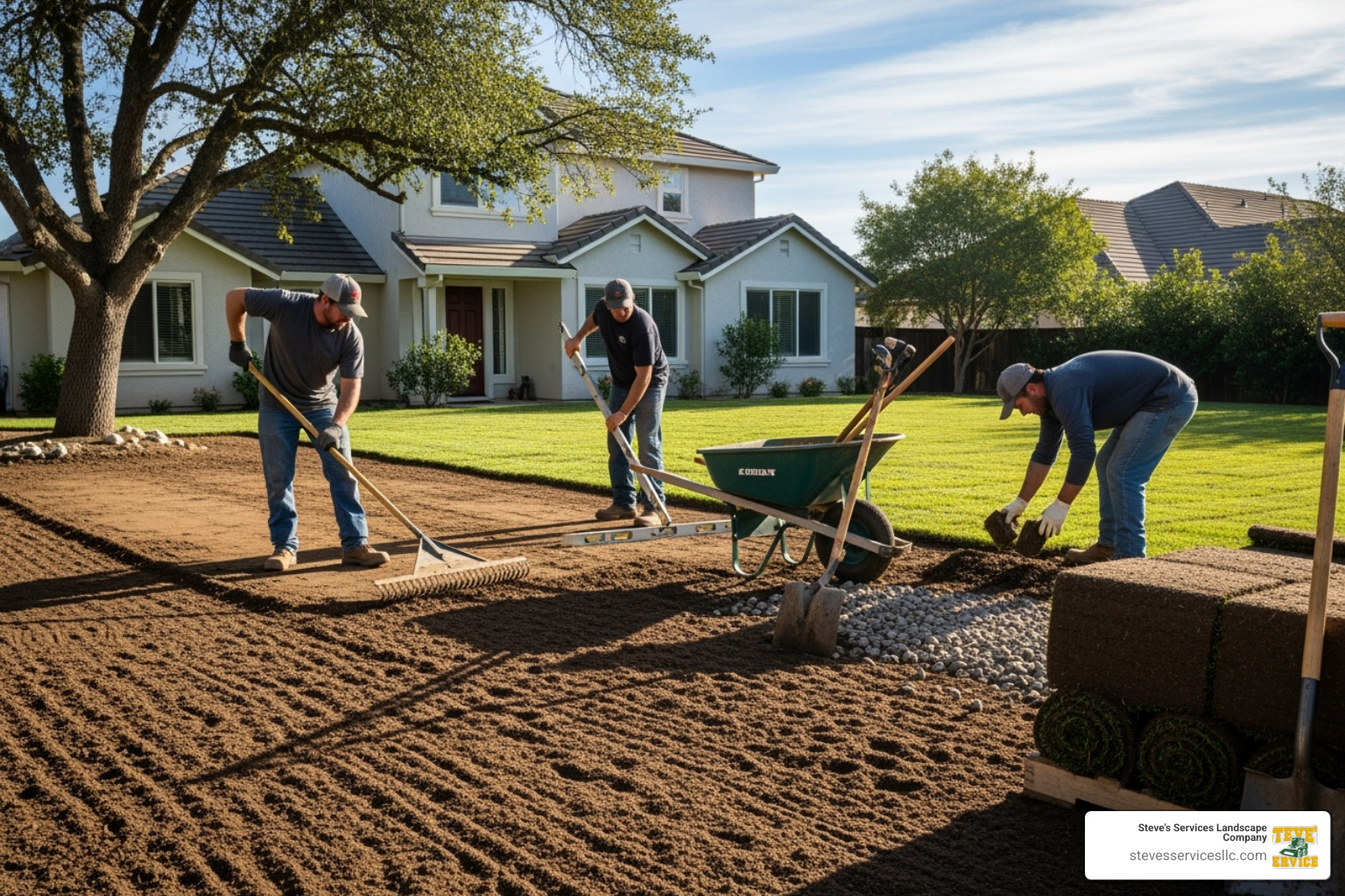 Landscaping crew preparing a yard for sod installation - how much is sod per sq ft