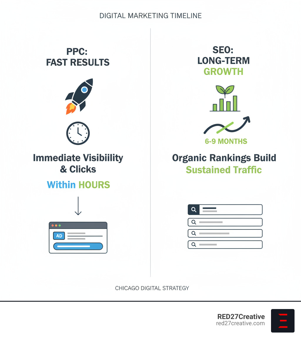Infographic comparing PPC fast results with immediate visibility and clicks within hours versus SEO long-term growth showing organic rankings building over 6-9 months with sustained traffic - Chicago PPC services infographic Infographic comparing PPC fast results with immediate visibility and clicks within hours versus SEO long-term growth showing organic rankings building over 6-9 months with sustained traffic - Chicago PPC services infographic