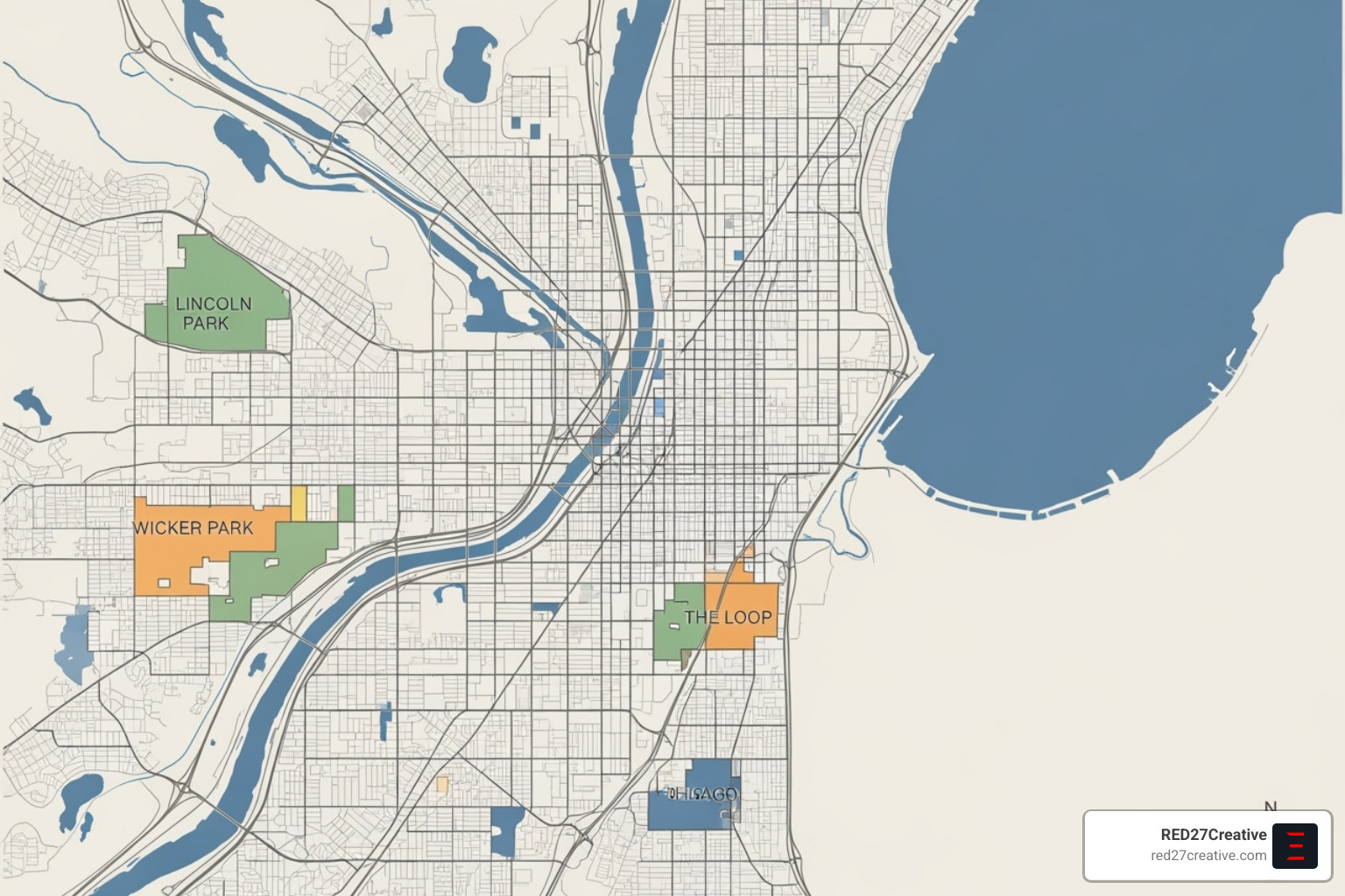Map highlighting various Chicago neighborhoods like Lincoln Park, Wicker Park, and The Loop - Chicago PPC services Map highlighting various Chicago neighborhoods like Lincoln Park, Wicker Park, and The Loop - Chicago PPC services