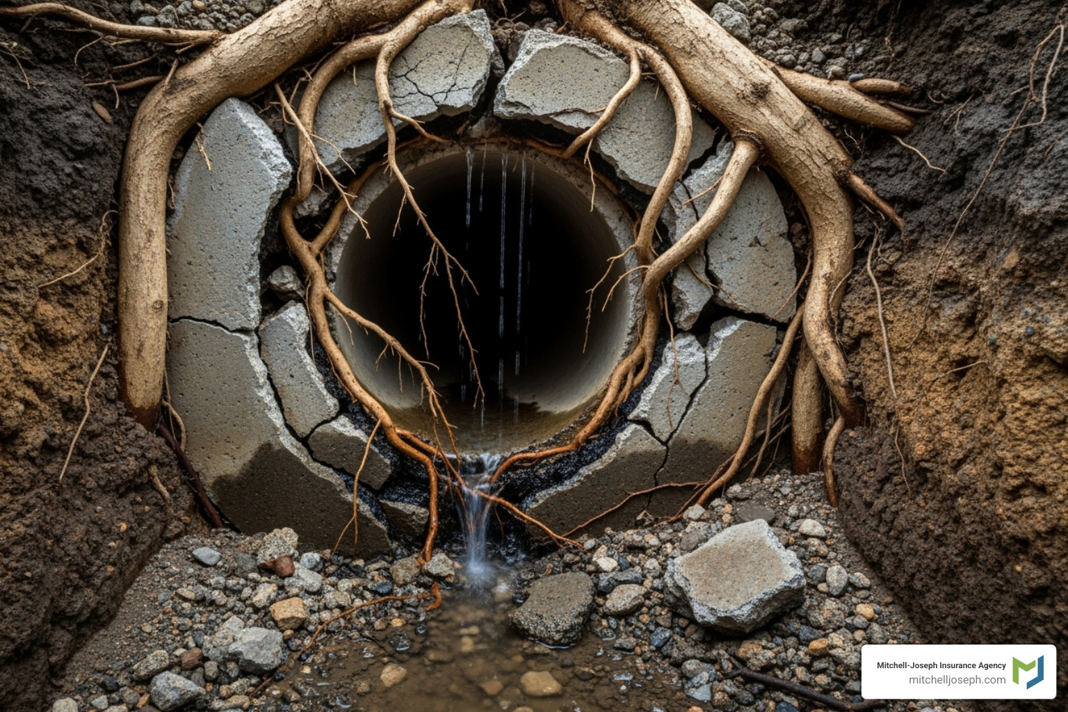 Image of a cracked sewer pipe caused by tree roots - Service Line Coverage Image of a cracked sewer pipe caused by tree roots - Service Line Coverage