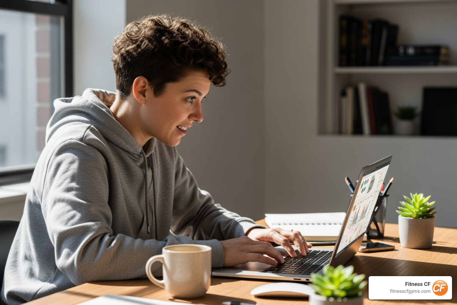 person looking focused and energetic at their desk mid-day - early morning gym