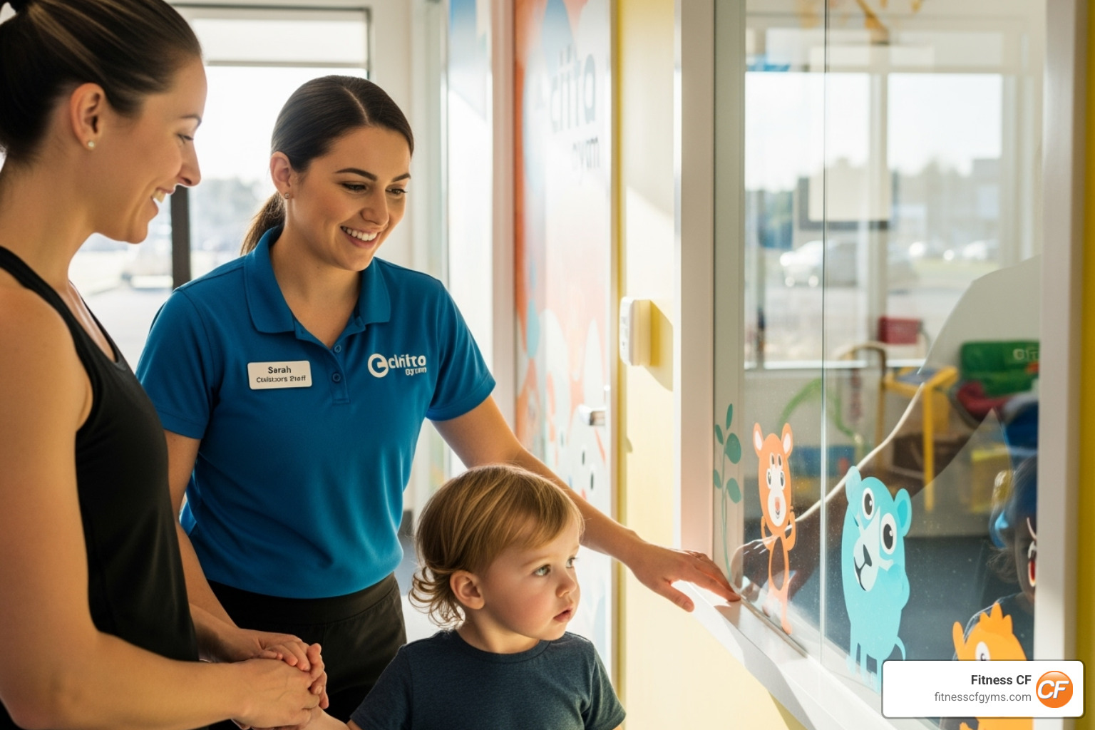 friendly childcare staff greeting parent and child - gyms with daycares near me friendly childcare staff greeting parent and child - gyms with daycares near me