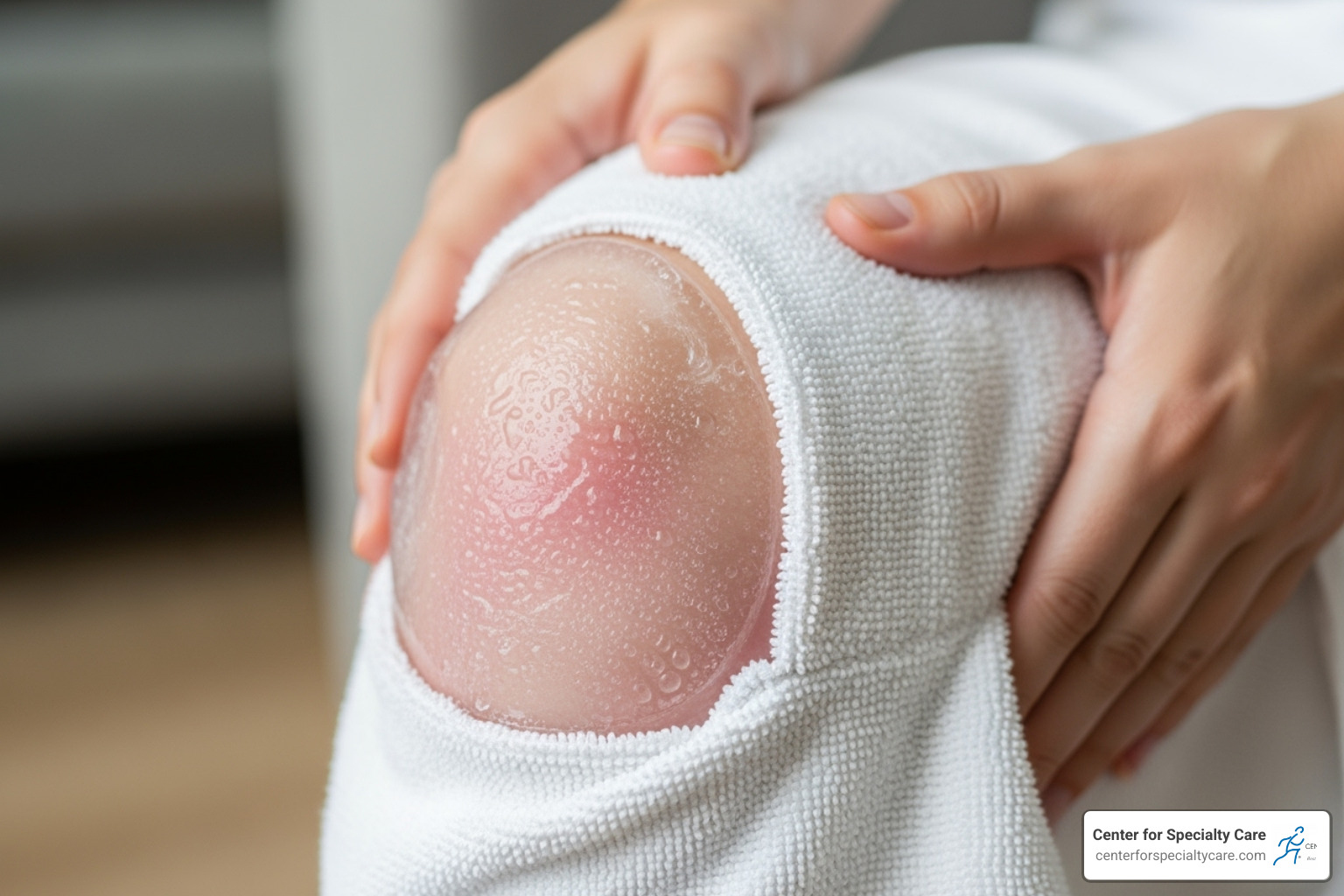 An ice pack wrapped in a towel being applied to a knee - is heat or cold best for tendonitis