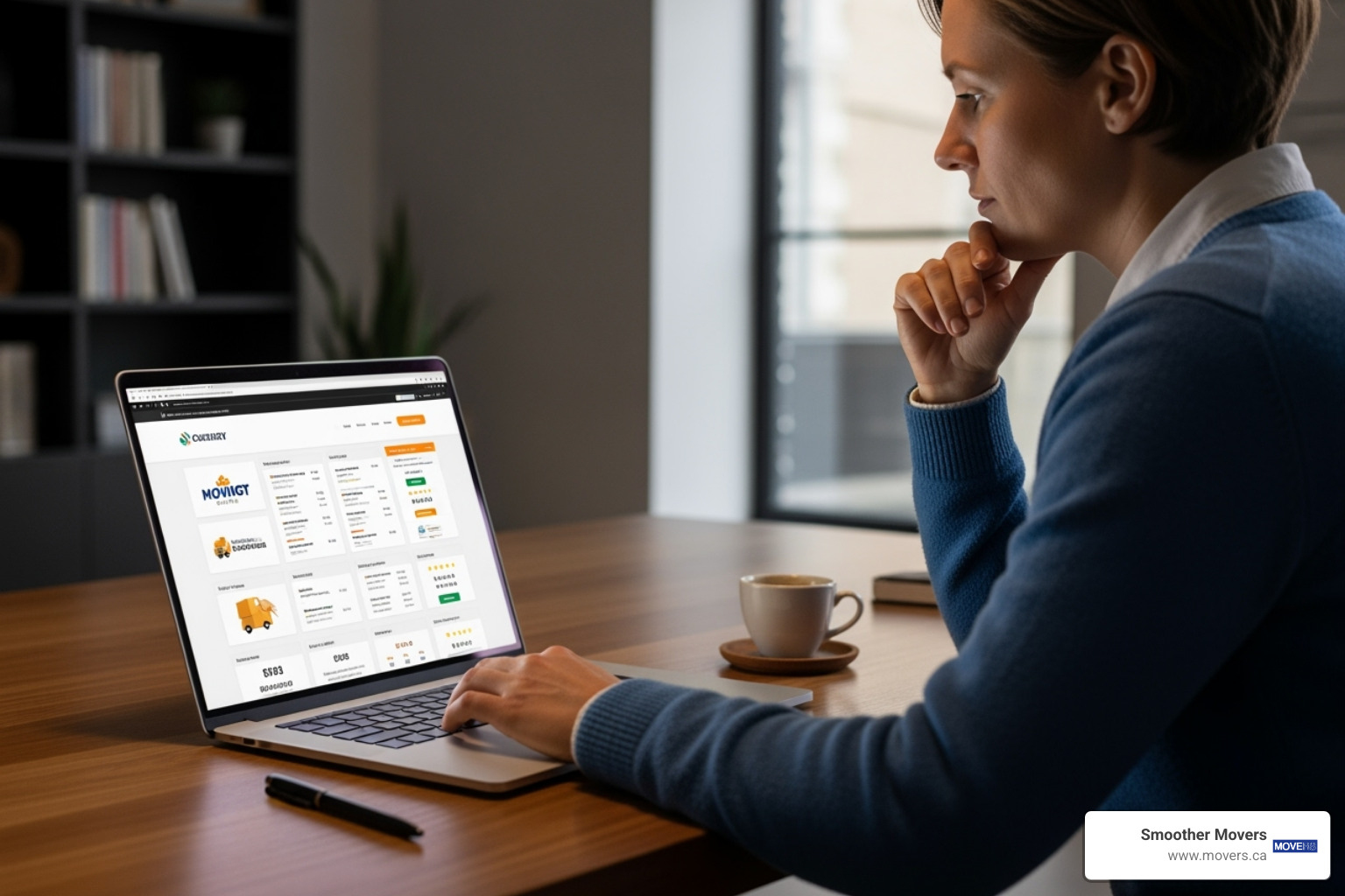 A person comparing moving quotes on a laptop, highlighting the importance of research and comparison - long distance movers maple ridge