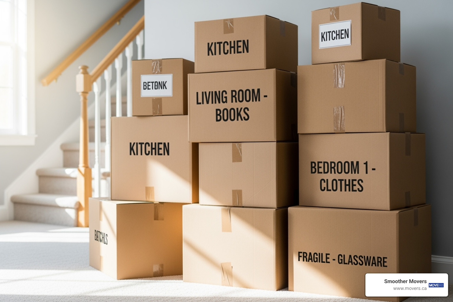 Neatly packed and labeled moving boxes ready for transport, illustrating organized preparation - long distance movers maple ridge