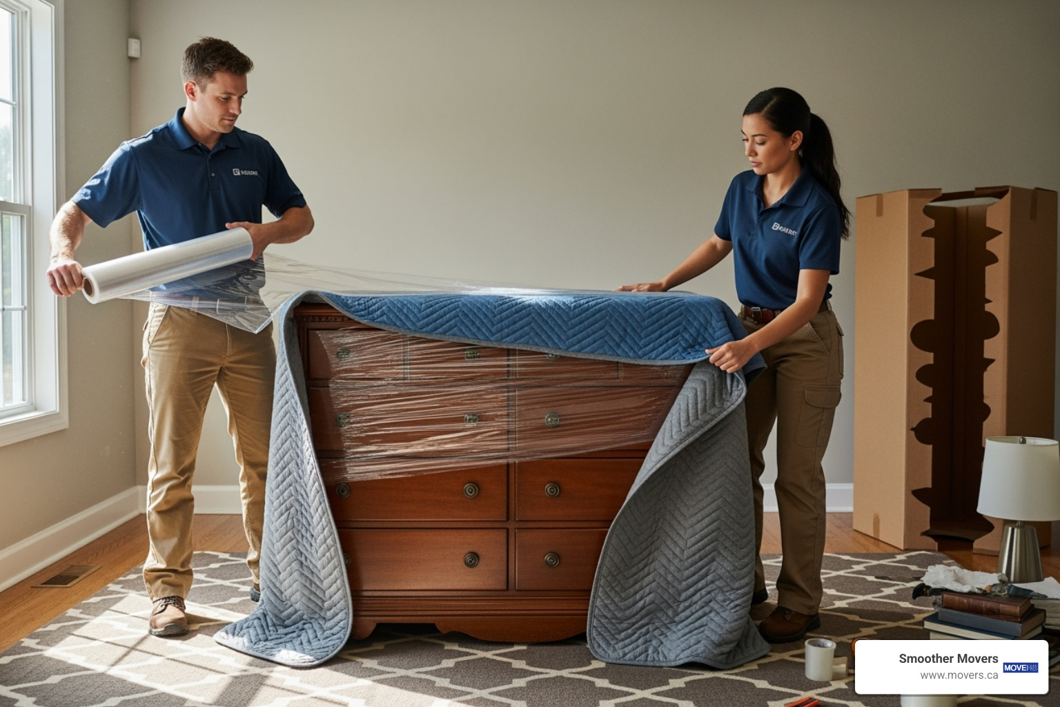 Smoother Movers team carefully wrapping a large piece of furniture for a long-distance move - long distance movers maple ridge