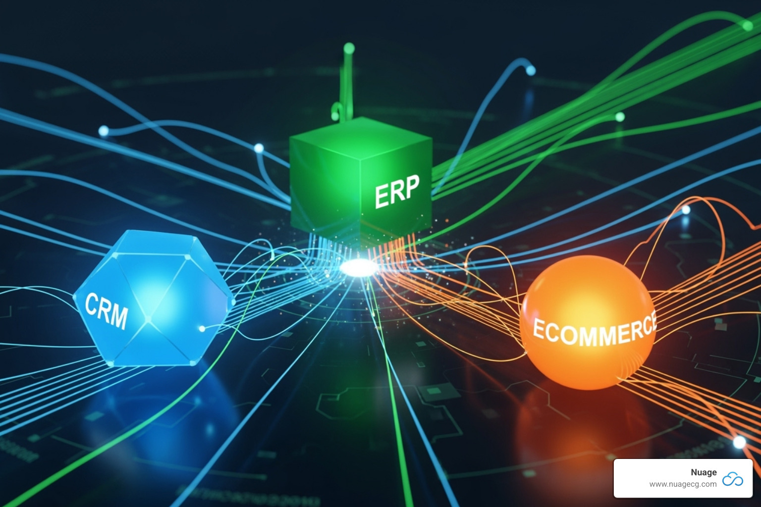 Diagram showing how integrated systems (CRM, ERP, eCommerce) lead to improved data flow and business outcomes - NetSuite CRM integration