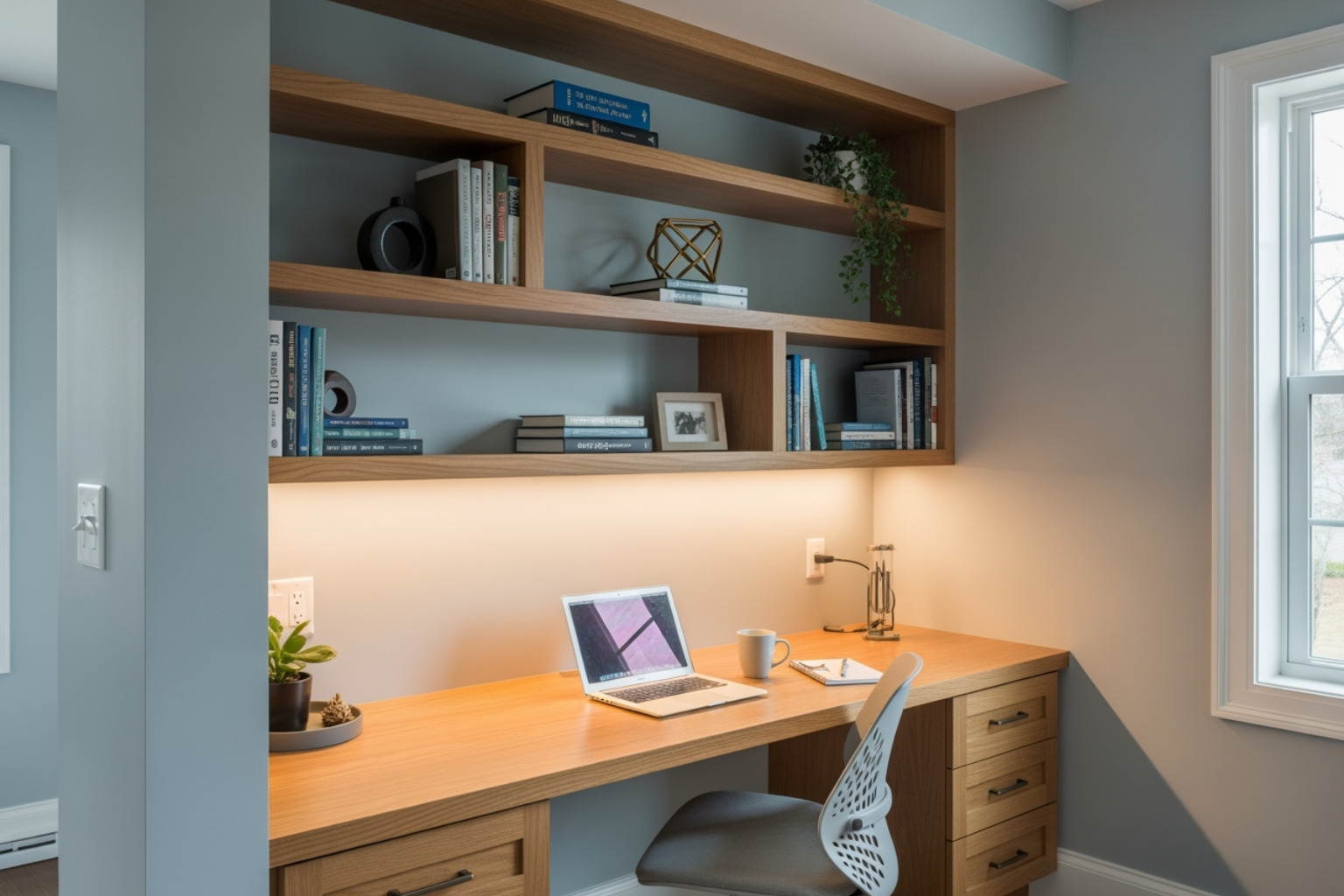 of a clever custom-built home office nook fitted into an alcove. - made to measure cabinets and joinery