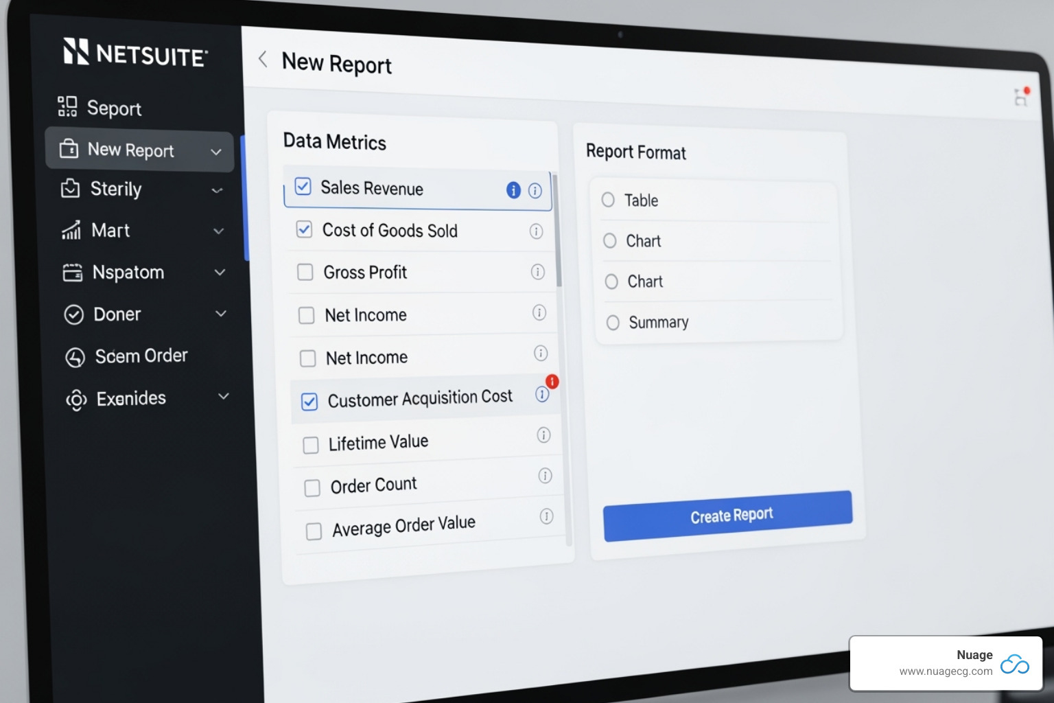 New Report screen in NetSuite showing metric selection - NetSuite custom reports