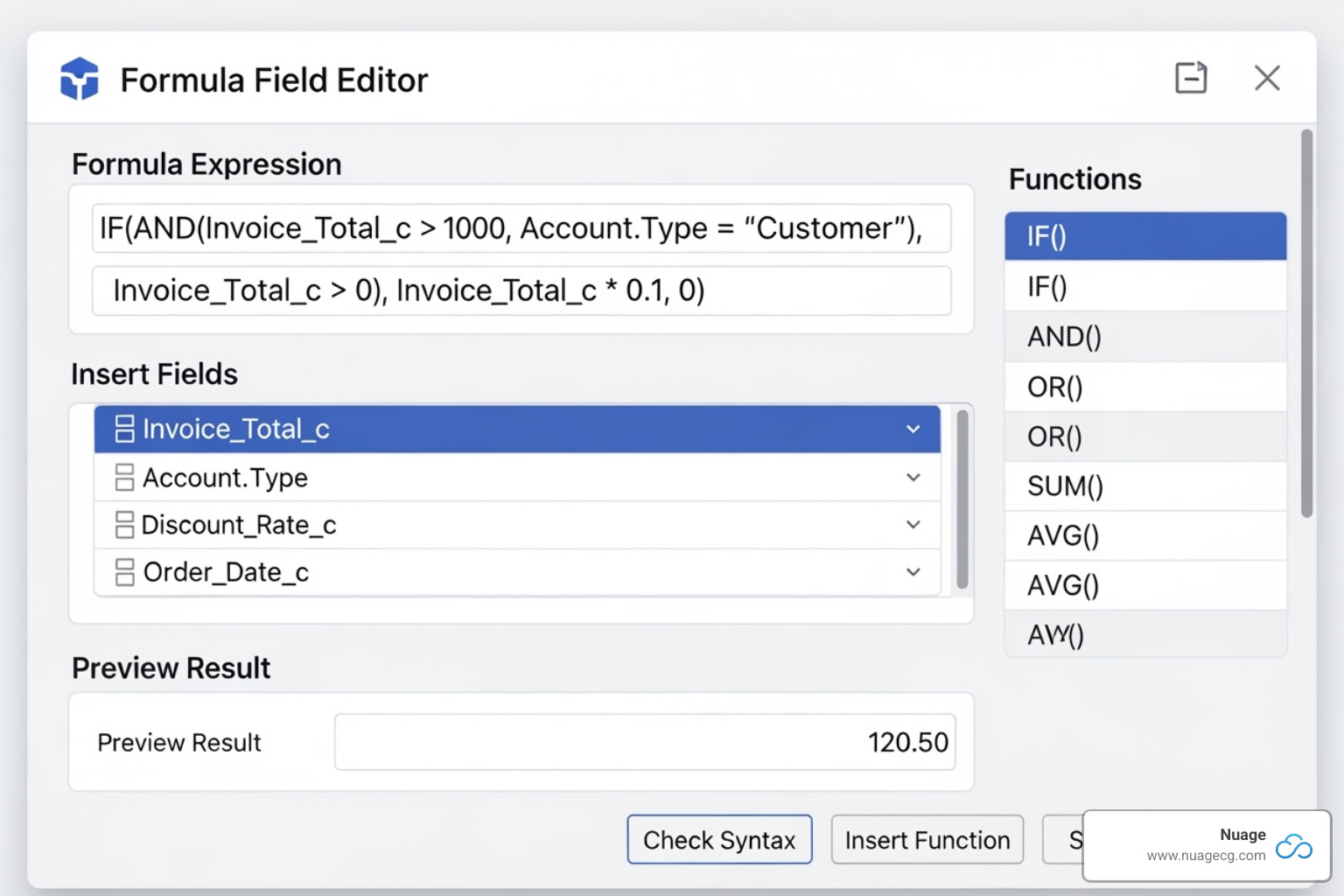 Formula field editor with an example calculation - NetSuite custom reports