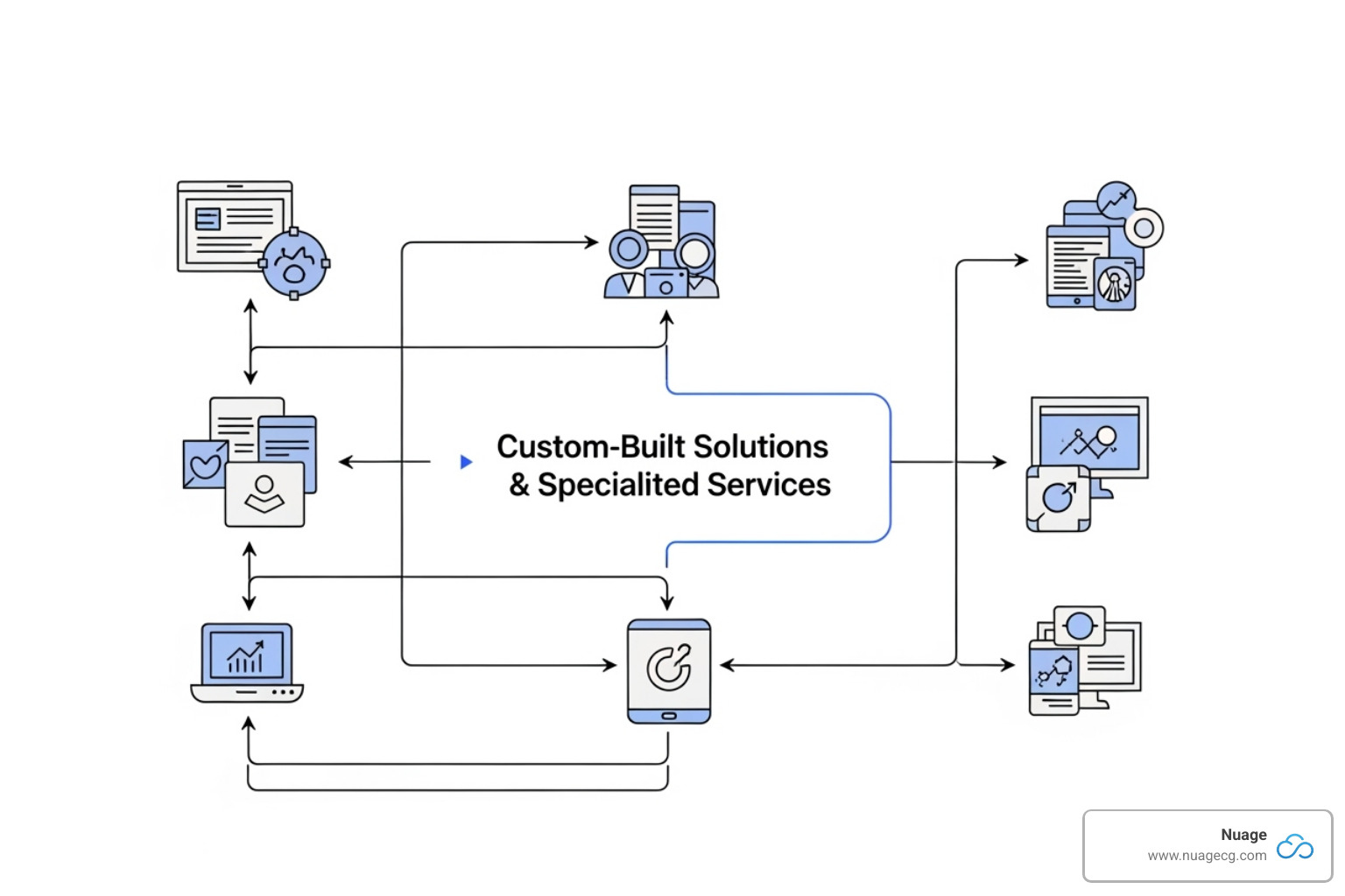 Flowchart showing Nuage's integration services and custom solutions as the primary integration approach - salesforce and netsuite account integration
