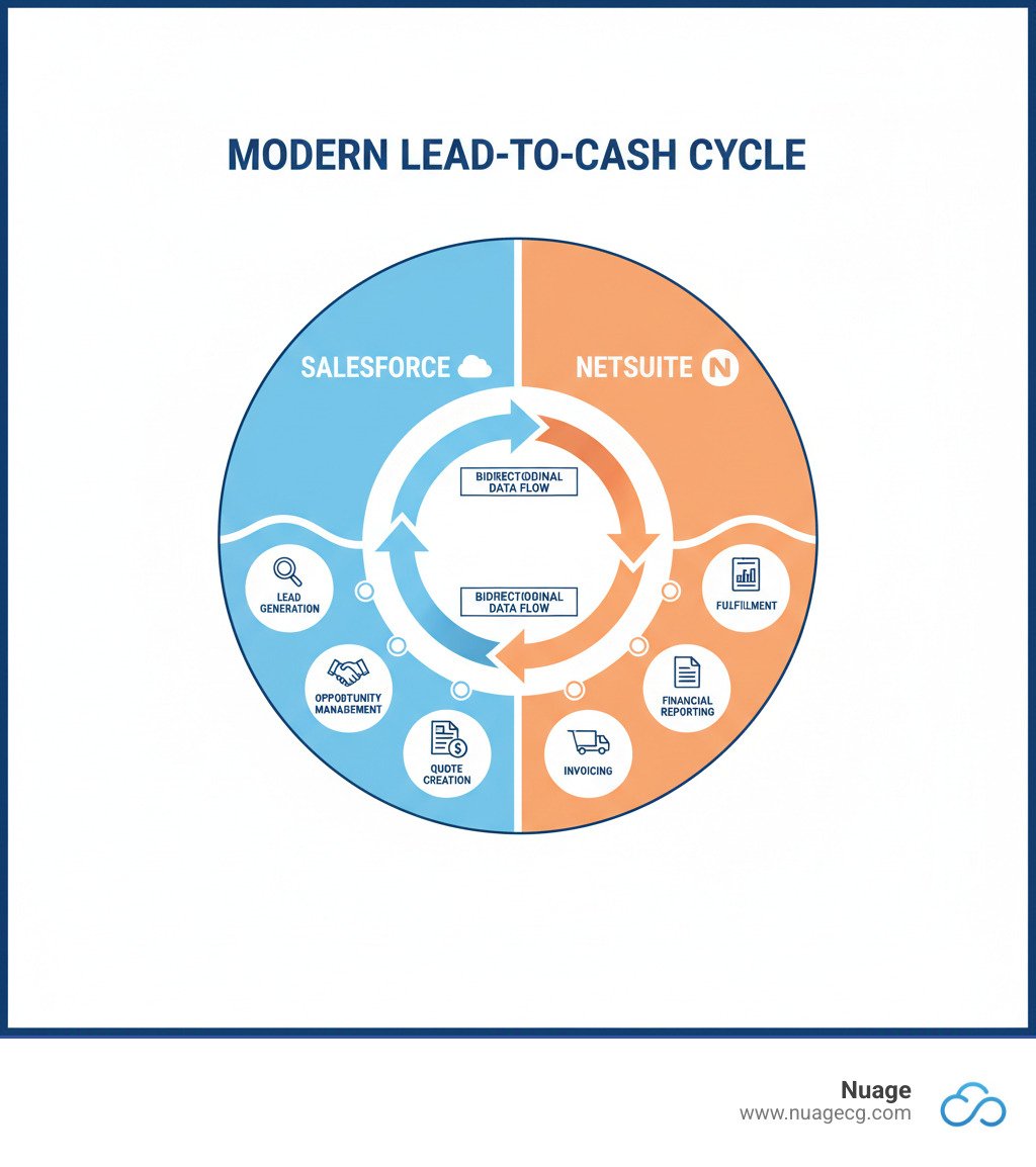 Infographic showing the modern lead-to-cash cycle with Salesforce handling lead generation, opportunity management, and quote creation, while NetSuite manages order processing, fulfillment, invoicing, and financial reporting, with bidirectional data flow between both systems - salesforce and netsuite account integration infographic 