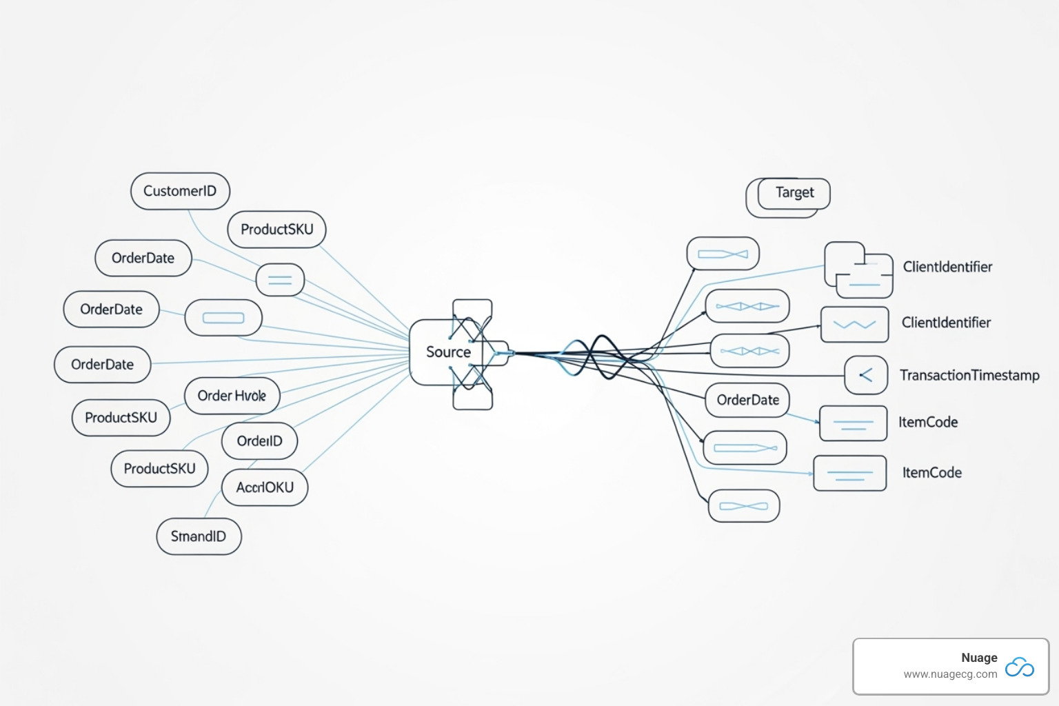 Data mapping diagram showing fields from a Salesforce Account object being mapped to a NetSuite Customer record - salesforce and netsuite account integration