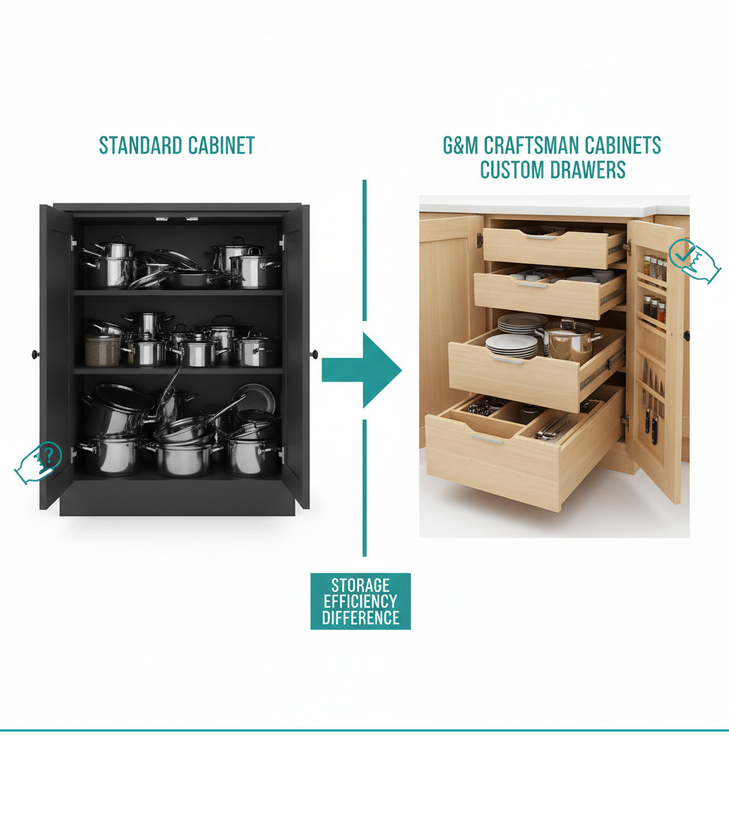 Infographic showing the change from standard cluttered kitchen cabinet with items stacked and hard to reach, contrasting with an organised custom drawer system featuring pull-out shelves, dividers, and easy accessibility, highlighting the G\&M Craftsman Cabinets difference in storage efficiency - custom kitchen drawers infographic 