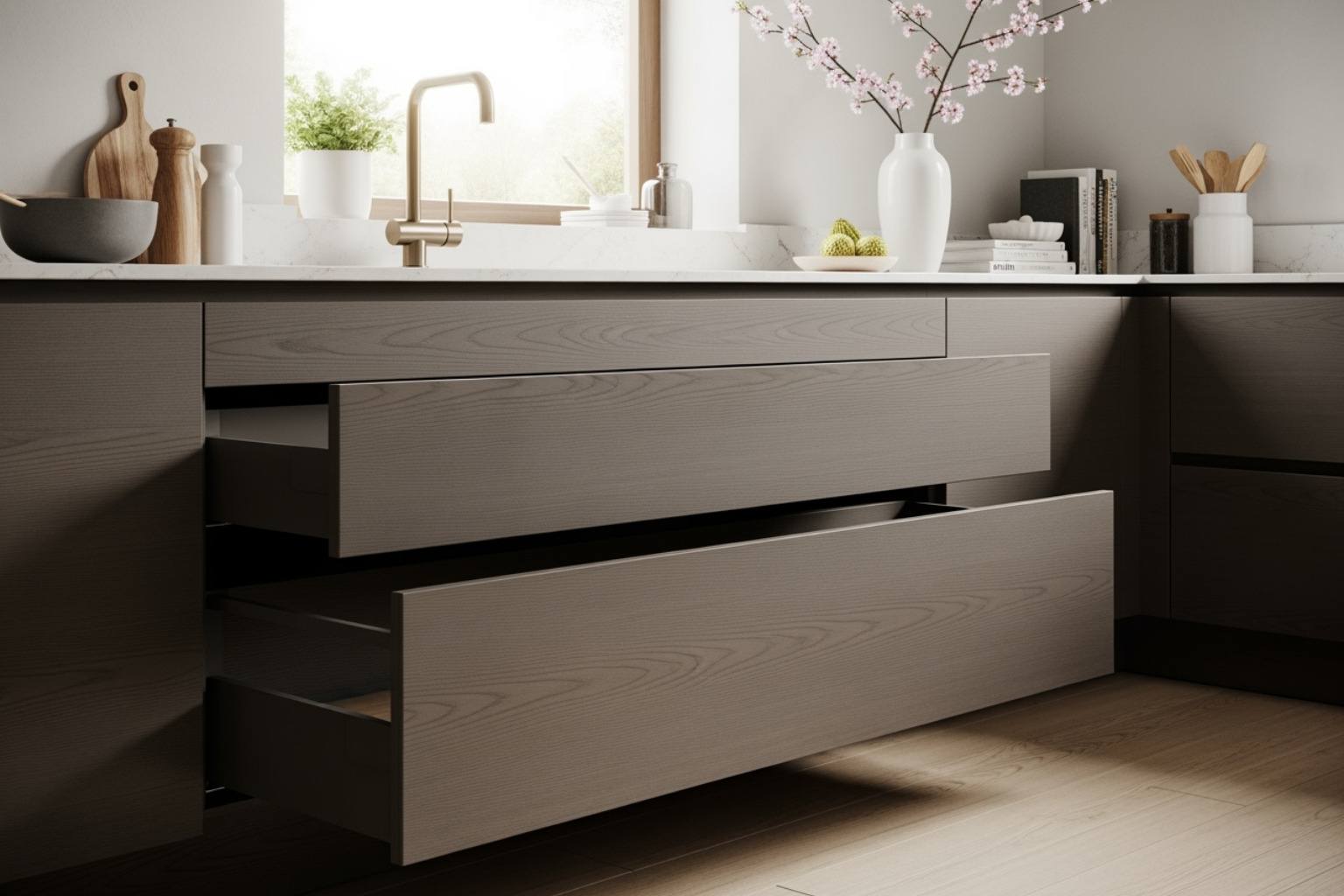 sleek, handleless drawer fronts from the Aroona Avenue, Buddina project - custom kitchen drawers