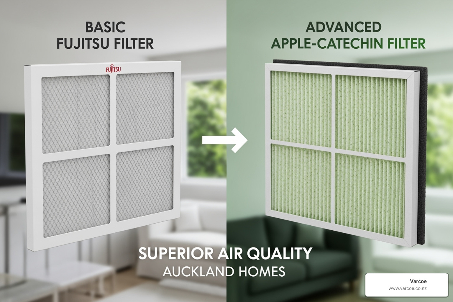 Comparing a basic Fujitsu filter with an advanced Apple-Catechin filter for superior air quality in Auckland homes. - fujitsu heat pump replacement filters nz