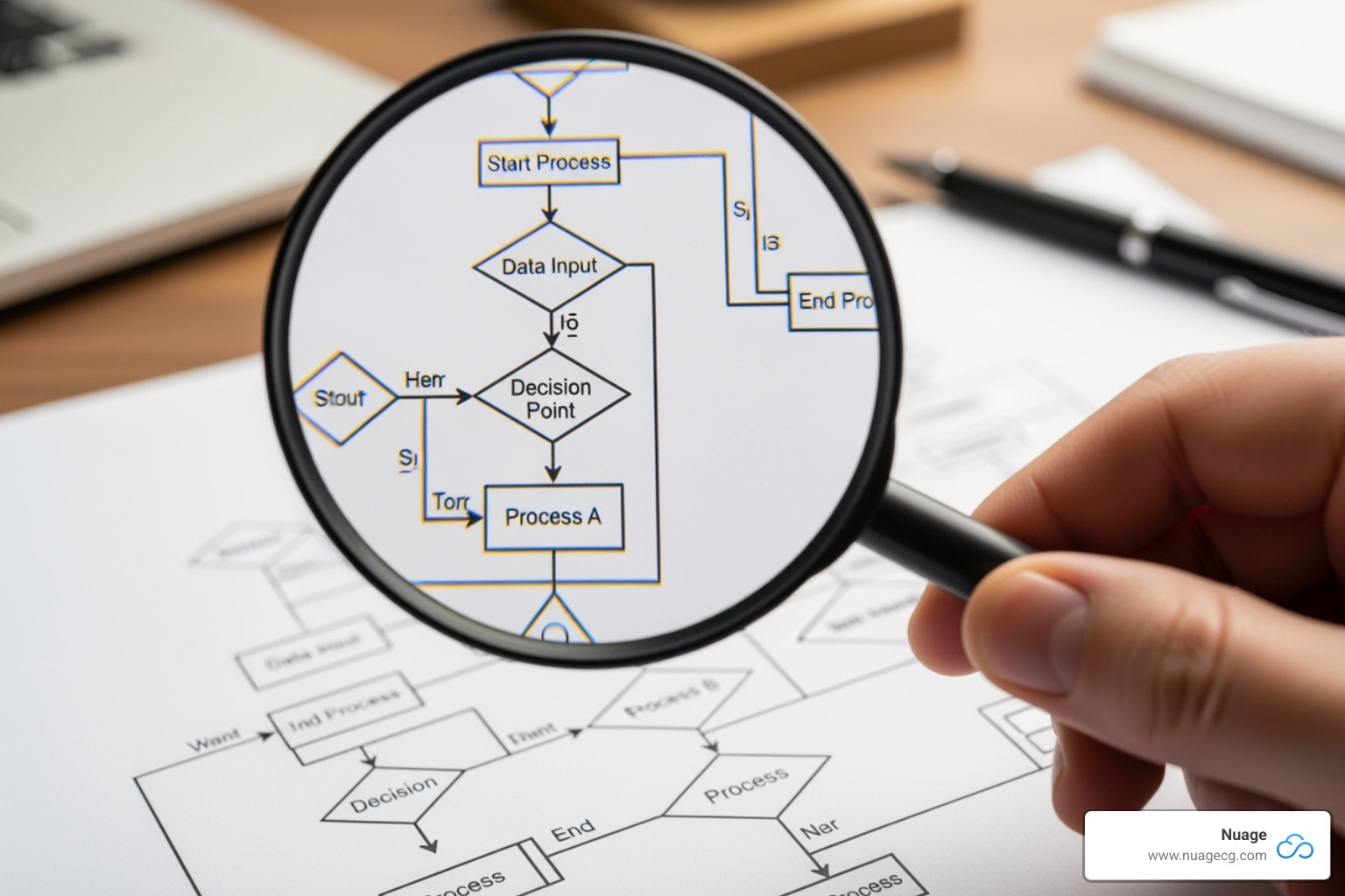 of a magnifying glass over a business process flowchart - NetSuite implementation plan