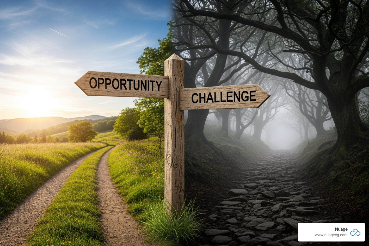 of a signpost with arrows pointing to "Success" and "Failure," listing common challenges on the "Failure" path - NetSuite implementation plan